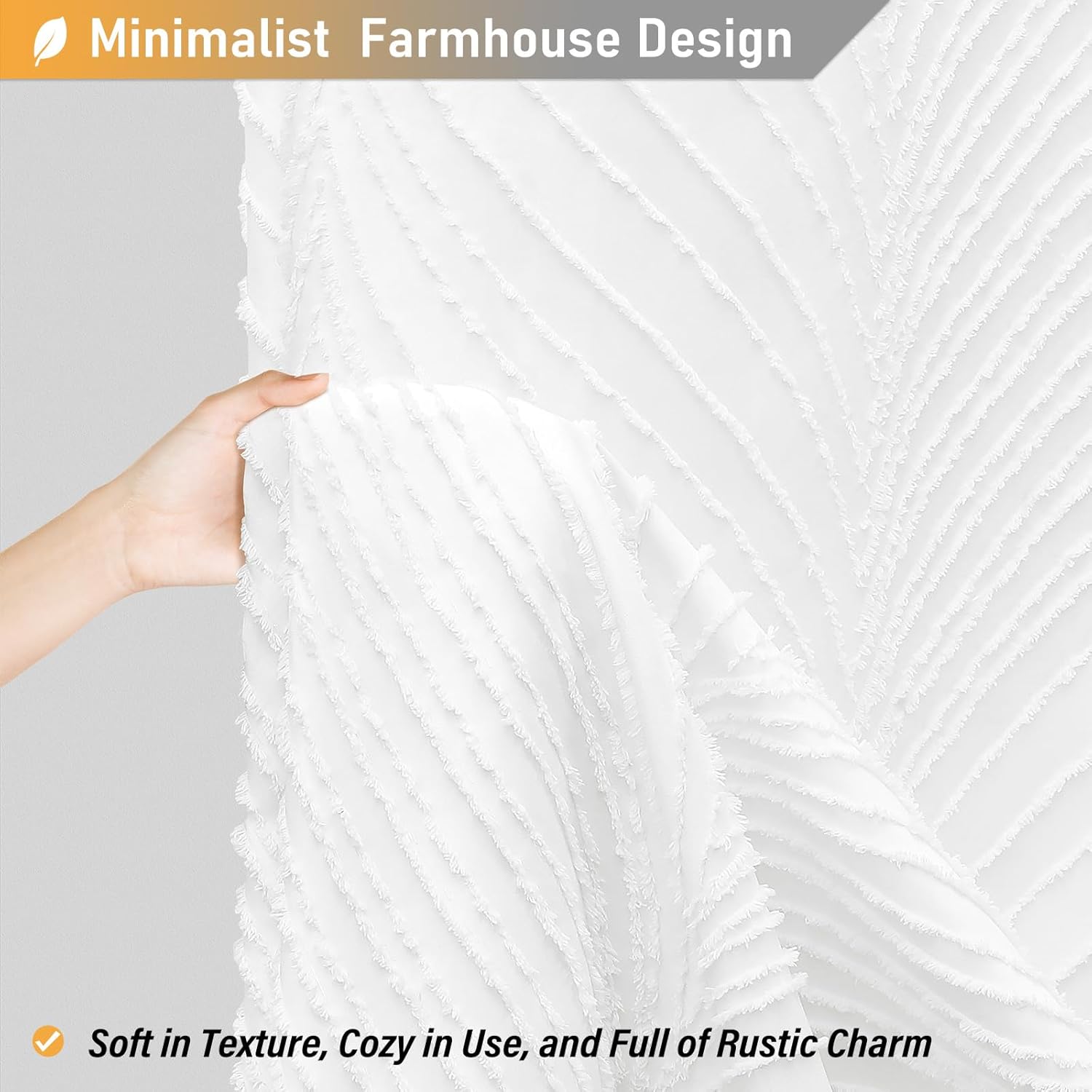 BTTN 80 Inch Long Shower Curtain - 72x80 Boho Farmhouse Tufted Leaves Textured Striped Fabric Shower Curtain Set with Plastic Hooks, Tall Country Shabby Chic Cloth Shower Curtains for Bathroom, White