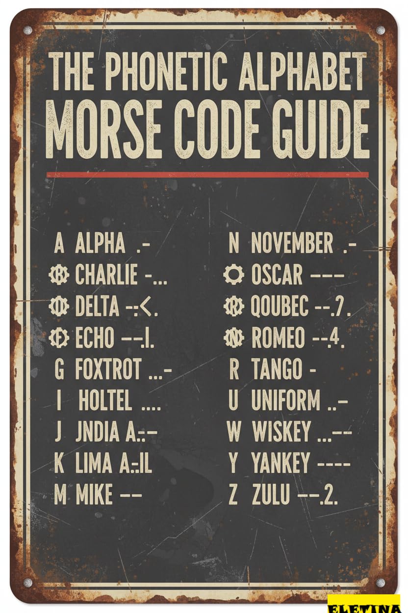 Vintage Metal Tin Sign Phonetic Alphabet Morse Code Pilot Poster Art Funny Officehomeclassroom Bathroom Decor Gifts Best Farmhouse Gift Women Men Friends Gift Women Men 8x12 Inch