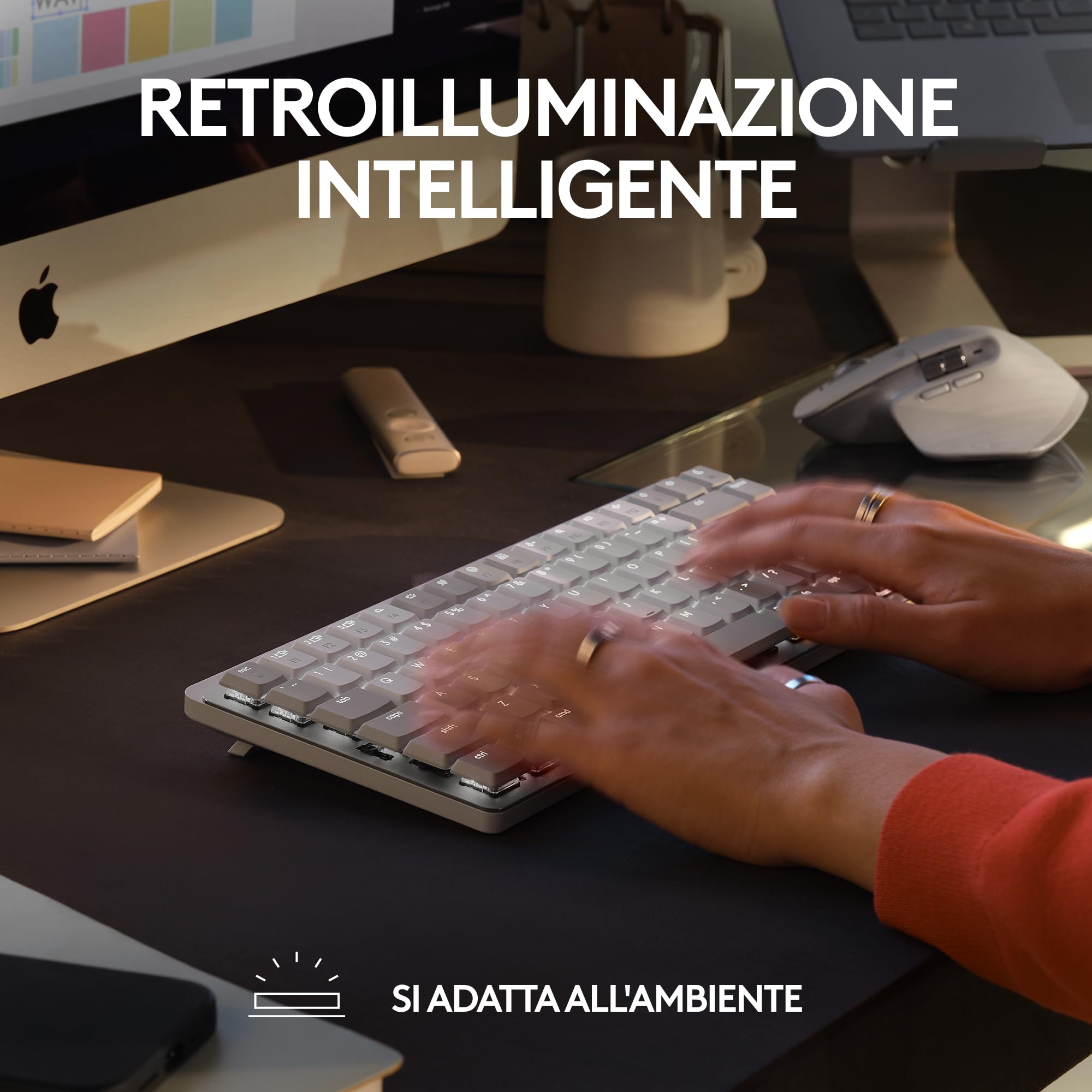 Logitech MX Mechanical Mini Tastiera Retroilluminata Wireless per Mac | Switch a Basso Profilo, Tasti Tattili Silenziosi, Retroilluminati, Bluetooth, USB-C, Apple, iPad, QWERTY US Intl - Pale Grey