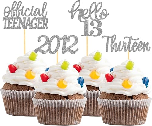 24 adornos para cupcakes con purpurina para cumpleaños de 13 años, decoración para tartas de cumpleaños de 13 años, decoraciones oficiales de