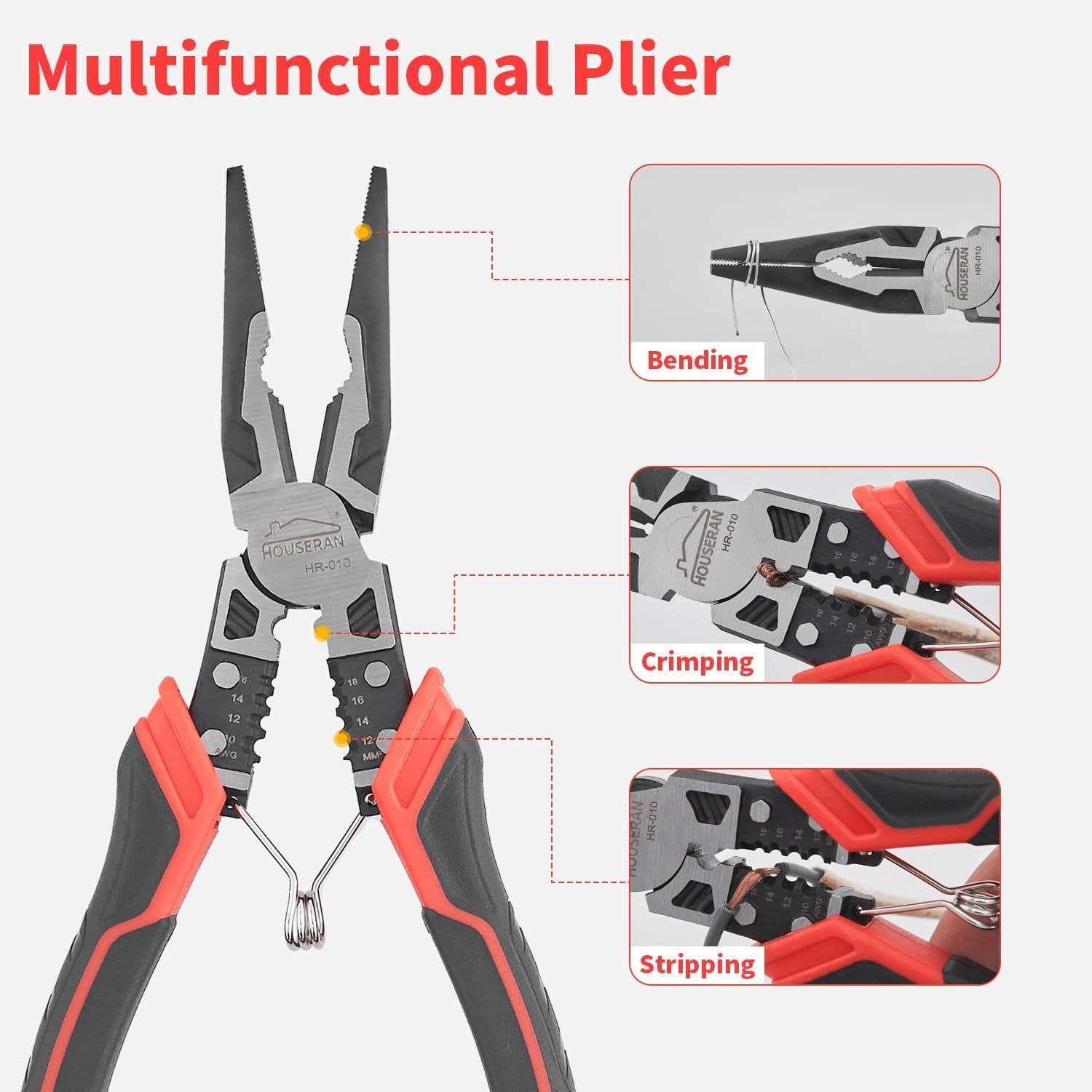 Needle Nose Pliers, HOUSERAN Long Needle Nose Pliers with Wire Stripper and Crimper, 8.3 Inch Long Nose Pliers, Spring Loaded with Safety Lock, 5-in-1 Needle Nose for Bending, Crimping, Stripping