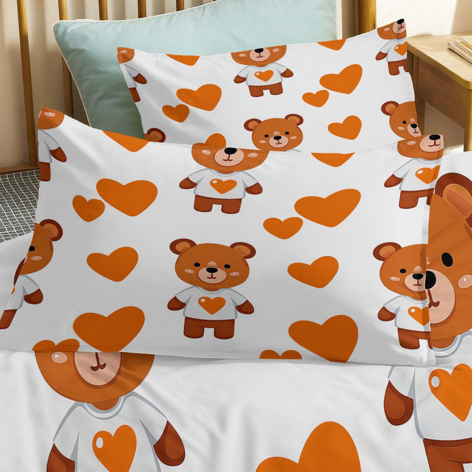 Generisch 3-częściowy komplet pościeli z motywem misia, serc, 220 x 240 cm, słodka pościel z motywem zwierząt z mikrofibry + 2 poszewki na poduszkę 80 x 80 cm, przytulna, miękka, biała pościel z