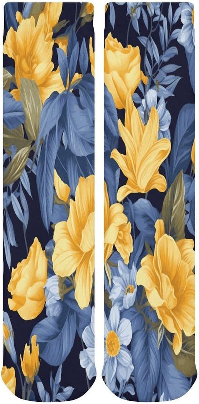 Blue Base Yellow Floral Crew Socks Soft Thermal Socks | Socks for Men Women-Casual Wicking,High Stocking for Sports Running-Long Thin Tube Sports Breathable