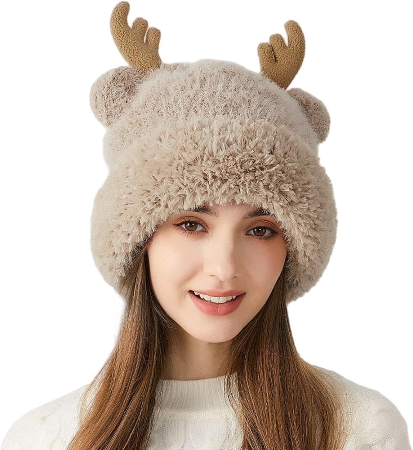 RARITYUS Women Warm Hat Cute Reindeer Antlers Knitted Winter Hats Crochet Earflap Knit Cap Beanie for Adults Kids