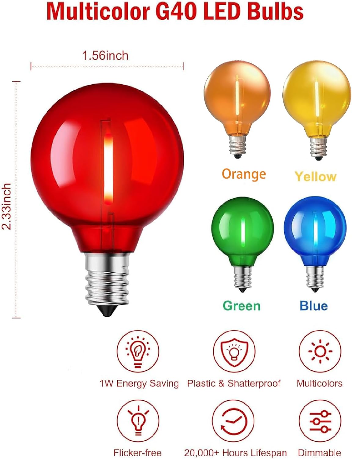 5 Pack Red G40 LED Christmas Replacement Light Bulbs, 1 Watt E12/C7 Candelabra Base Plastic Shatterproof LED Bulbs