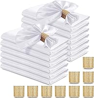 RUDONG M 50 White Satin Napkins 17x17 Inch + 50 Gold Rings - Silky Soft Reusable Bulk Set for Weddings, Parties, Banquets