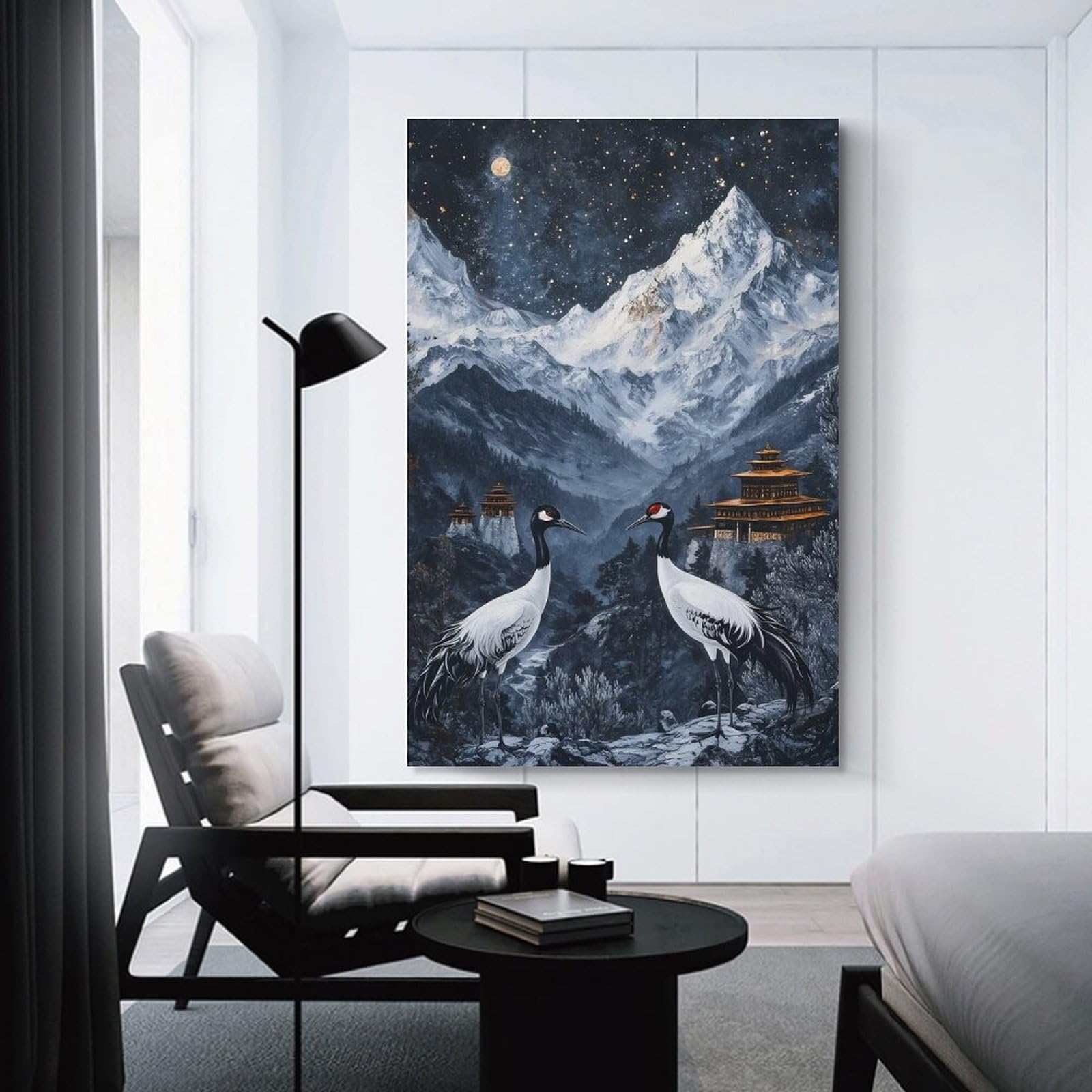 Junmoney Unframe-Style-11 Cranes In Mountainous Landscape At Night Home Decor Wall Art 24X36inch(60X90cm), For Bedroom, Guest Room Or Reading Nook, Decorative Wall Art For Cosy Rooms