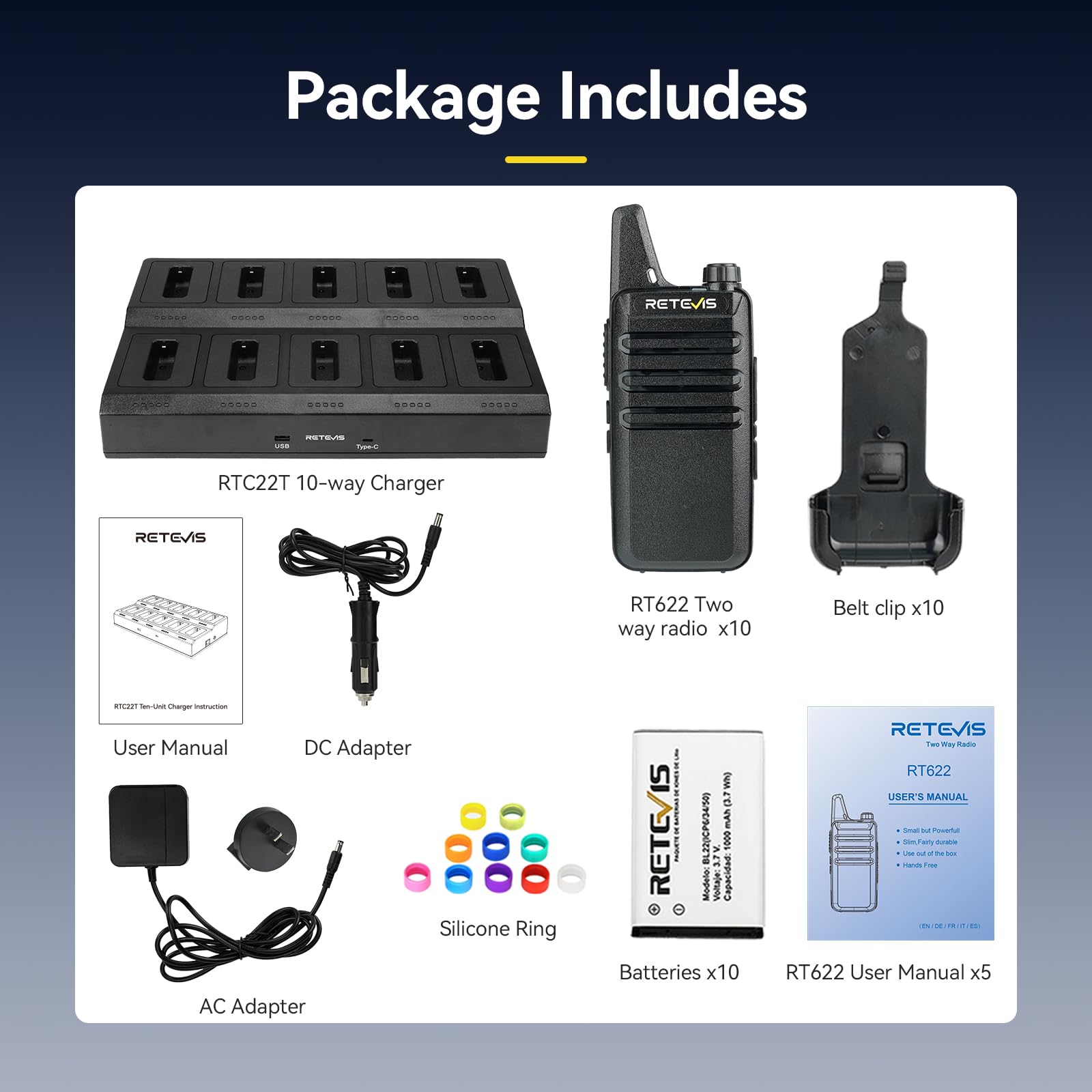 Retevis RT622 Krótkofalówki, Mini Walkie-Talkie PMR446 Ladowania z 10-kierunkową Oadowarką, Odłączane Gniazda Ladowania, VOX, Profesjonalne Krótkofalówki dla Dorosłych, Szkoła, Hotel (10 szt, Czarne)