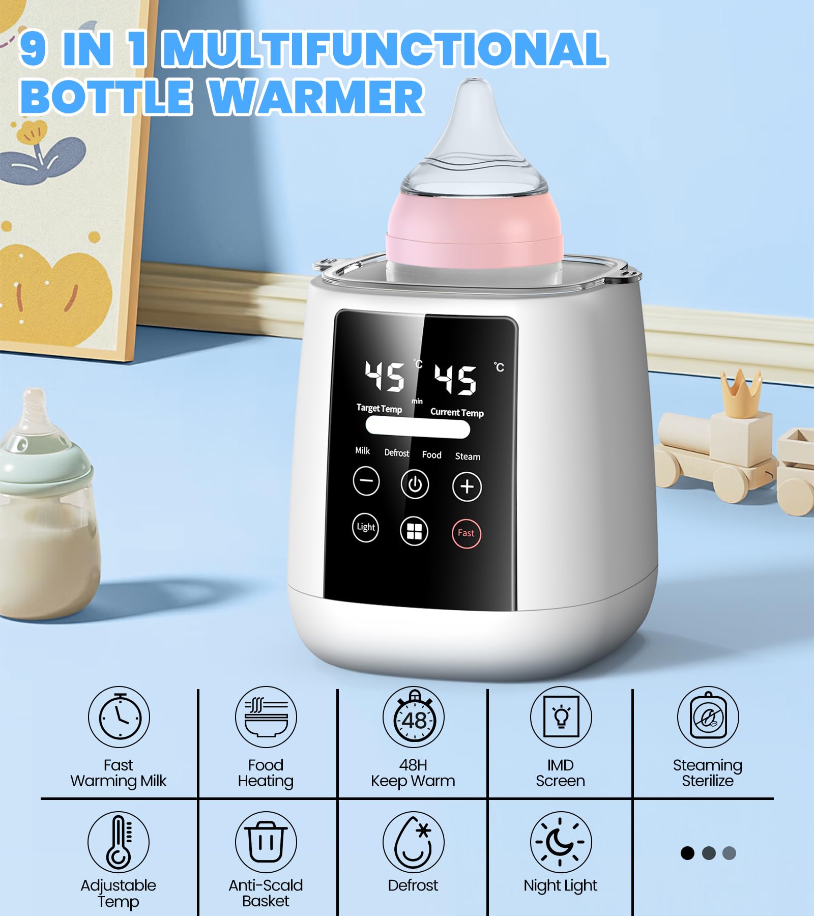 Scaldabiberon, PASUIDU 9 in 1 Sterilizzatore Biberon, Multifunzione per Biberon,Riscaldamento Ultraveloce,Scaldalatte per Bambini con Termostato 48H, Luce Notturna, Scaldabiberon per Tuttii Biberon
