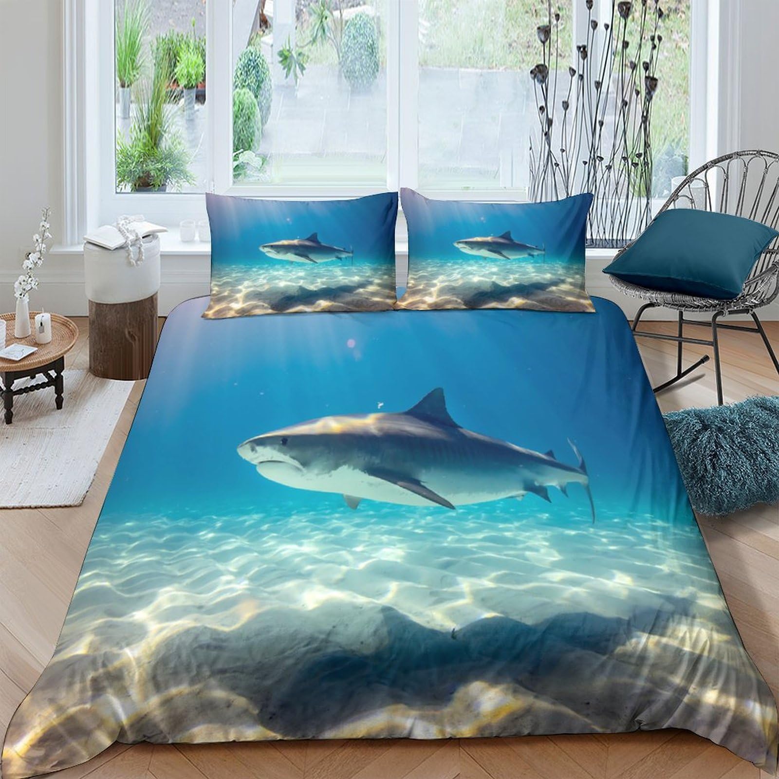 Ctjqhvkz Style-10 3D Printed Ocean Shark Fitted Sheet Microfiber Blue Underwater Mattress Cover For Bedroom Guest Room Easy Care Decor Single（135X200cm）