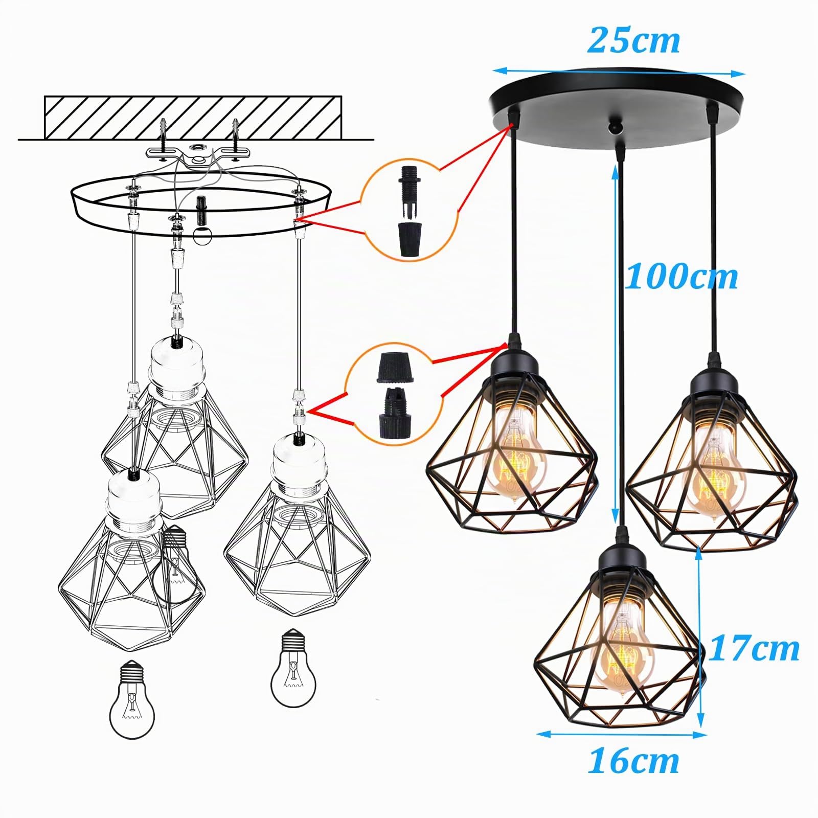 3 Luci Lampadario a Sospensione Industriale Lampadari E27 Nero 40W | Lampada da soffitto Gabbia Ferro Ø160mm Plafoniere Interni Per Cucina Camera da letto Sala Da Pranzo