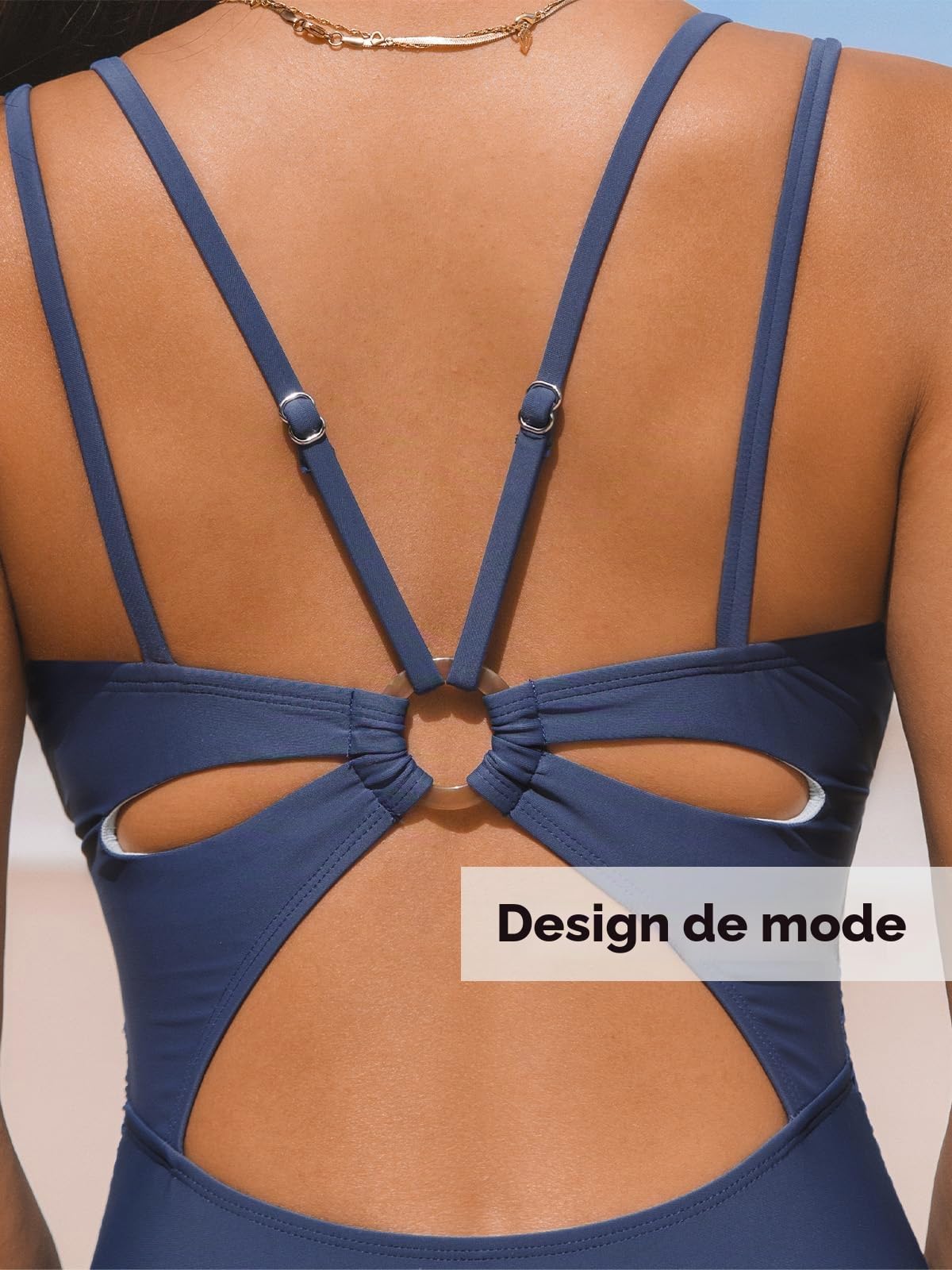 CUPSHE Maillot de bain une pièce pour femme, col en V, contrôle du ventre, double bretelles réglables, découpe dans le dos, anneau