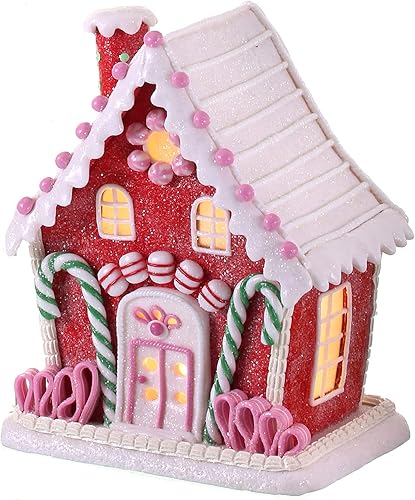 One Holiday Way Decoración de mesa de casa de jengibre sintético rojo con luz LED de 9.5 pulgadas con temporizador, purpurina de caramelo, acentos