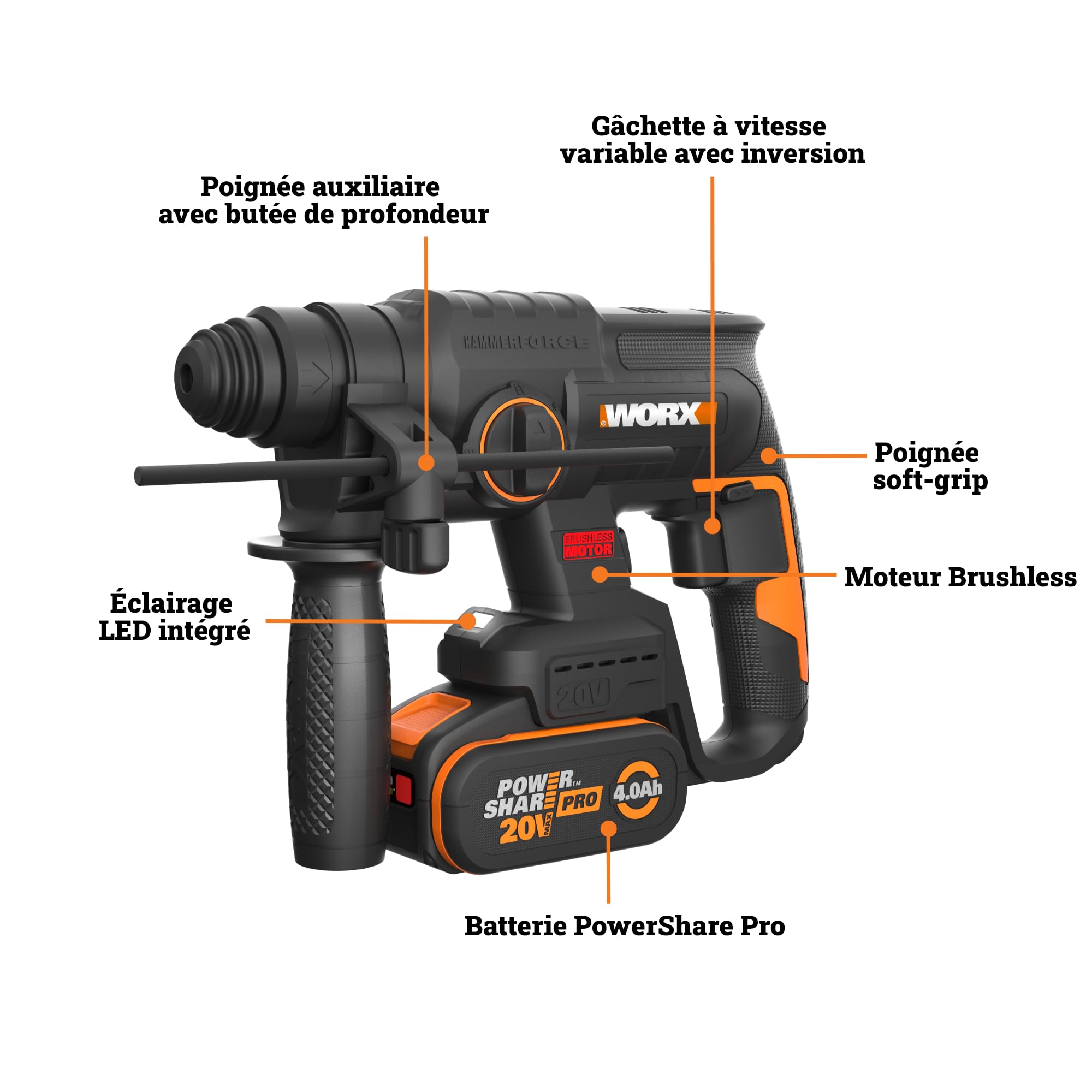 WORX Perforateur sans fil Brushless 20V WX381, 2J, 3 en 1, Perçage, Percussion, Burinage dans tous les matériaux, antivibrations, livré avec 1 Batterie 4Ah, Chargeur et Accessoires