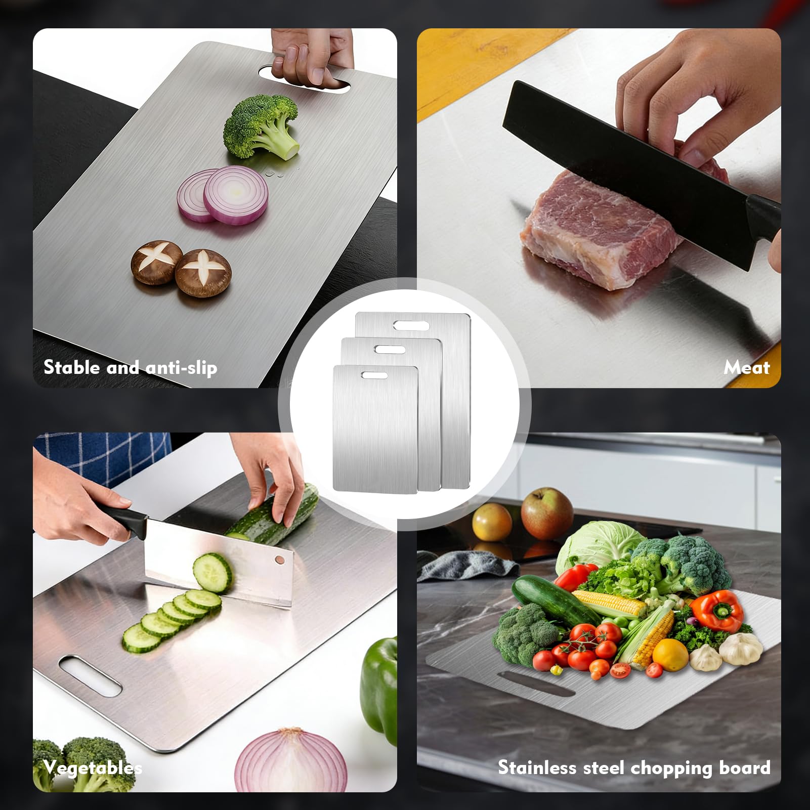 Purpledi Titan Schneidebrett 3 Stück, Edelstahl Anti-Rutsch, Doppelseitig, Lebensmittelecht, BPA-frei, Titan Schneidbrett für Fleisch, Gemüse & Obst, Langlebig, Leicht zu Reinigen, Anti-Schimmel
