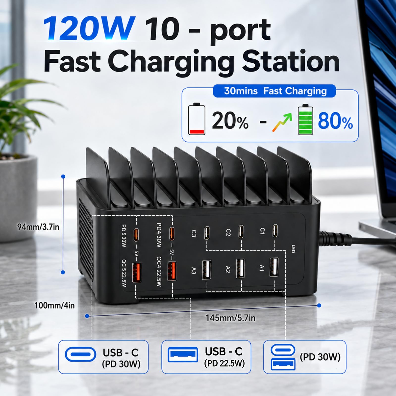 Stazione di Carica USB C, Stazione di Ricarica Rapida a 10 Porte 120W con 5 USB C e 5 USB A, Caricatore Multiplo Smartphone con Ventola di Raffreddamento, Caricabatteria per Telefoni, Tablet e Altri