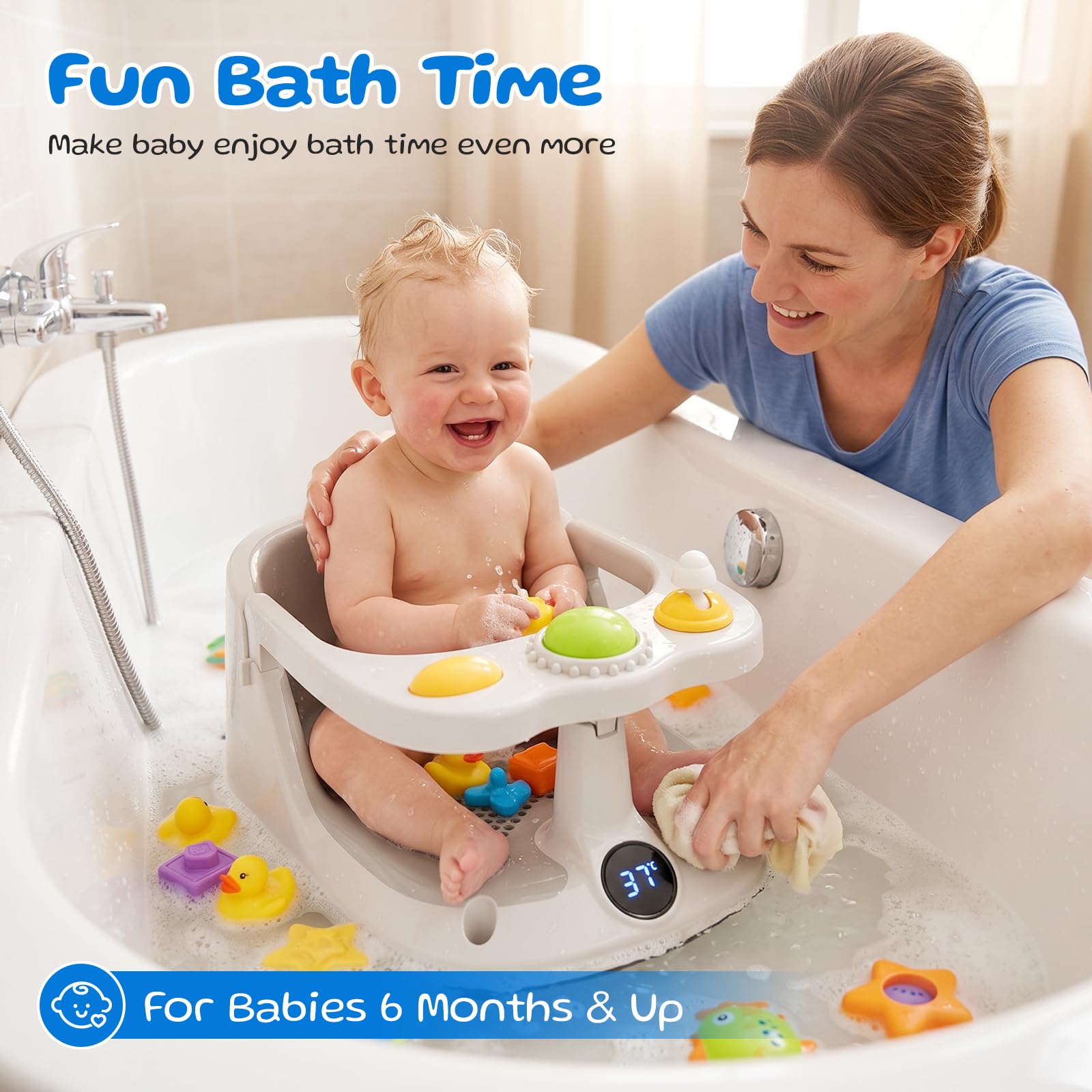 Seggiolino per vasca da bagno per bambini con monitoraggio della temperatura in tempo reale, portatile, con 4 ventose antiscivolo, sedile da bagno per bambini dai 6 mesi in su, design a rete per