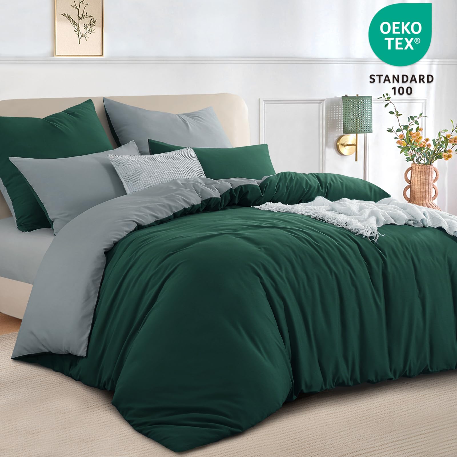 RUIKASI Dark Green Double Duvet Set Grey, Reversible Green Duvet Cover Double Bedding Set including Zip - Image 3