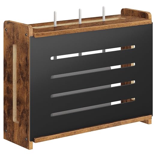 Homode Wooden WiFi Router Box Hider, Wall Mount or Tabletop Router Shelf with Metal Frame, Decorative Modem & Power Strip Storage Cabinet, Internet Cable Management Organizer, Rustic Brown