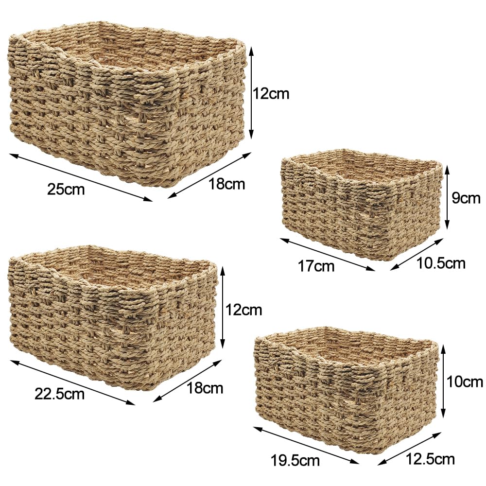 Paniers de Rangement en Osier Tissé, Lot de 4 Paniers de Rangement Tissés pour Salle de Bain - Naturel Rangement Empilables Panier pour Salon, Chambre D'enfant, Salle de Bain - Différentes Tailles