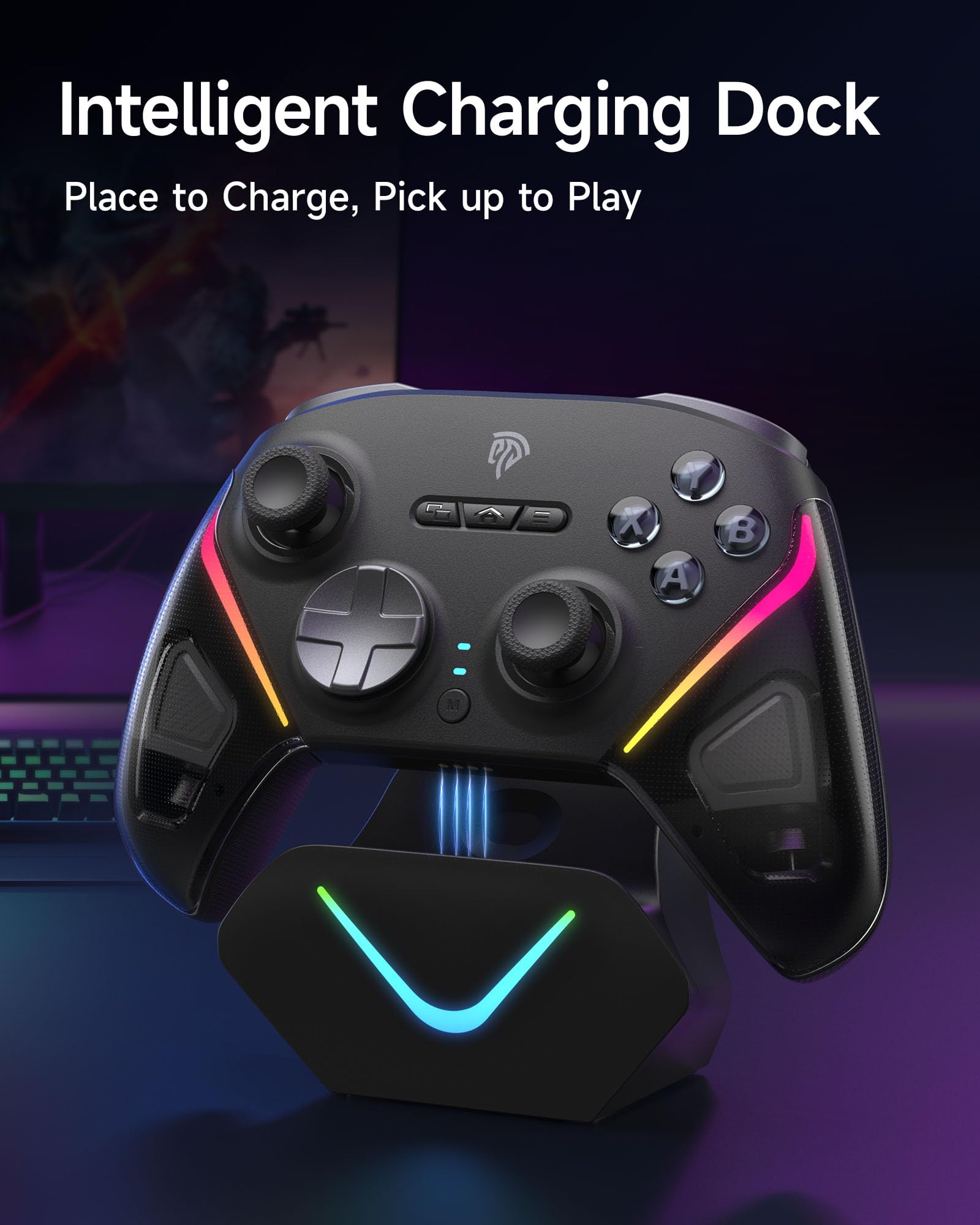 EasySMX D10 Controller PC Wireless – Joystick TMR, Grilletti Dual-Mode, Tasti Meccanici, Polling 1000Hz, RGB – Bluetooth Gaming Controller per PC/Switch/Switch 2/ iOS con Dock di Ricarica–Nero