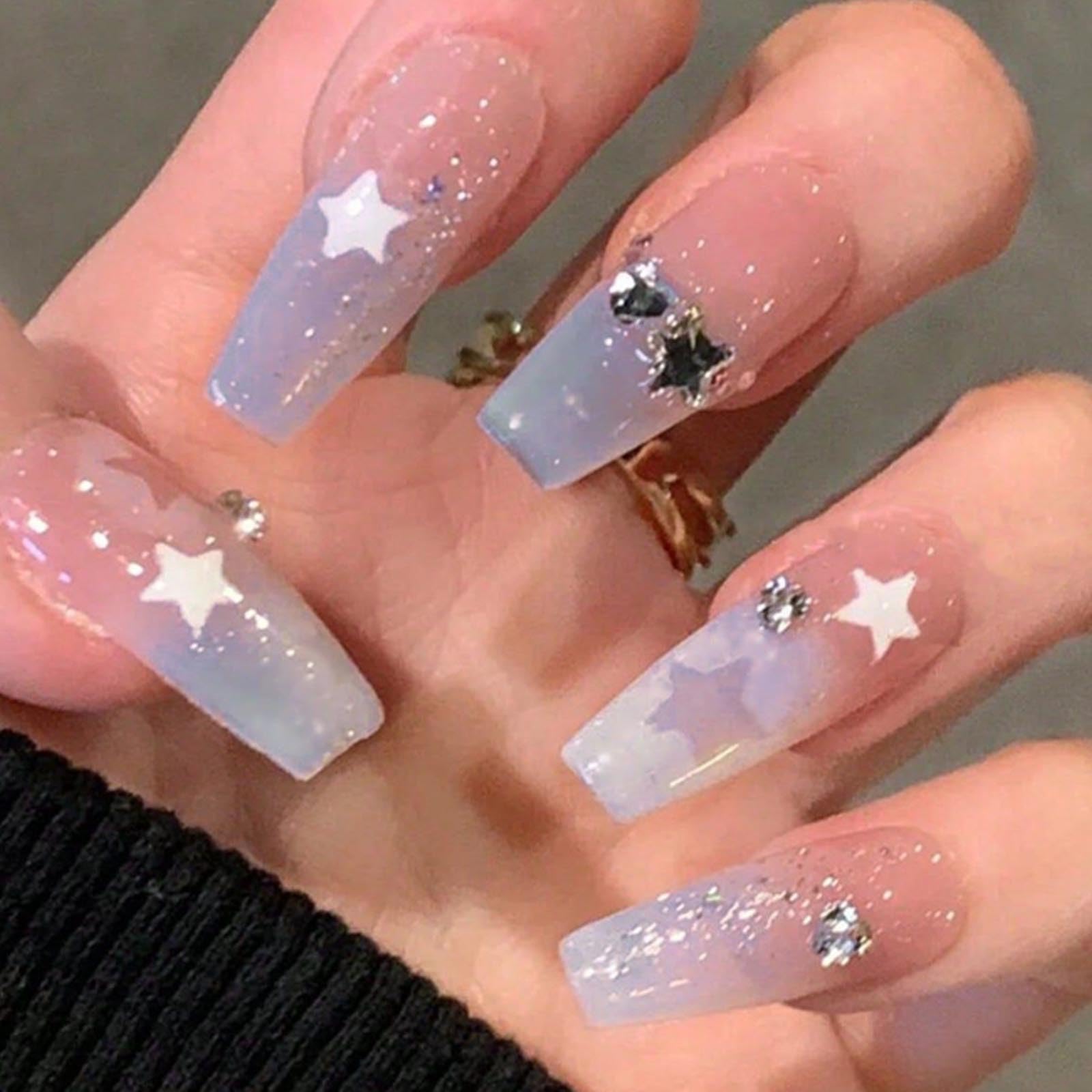 DANMANR Blue Press on Nails Star Sequins False Nails Art Full Cover Acrylic Coffin Long Bling Fake Nails for Women and Girls 24PCS