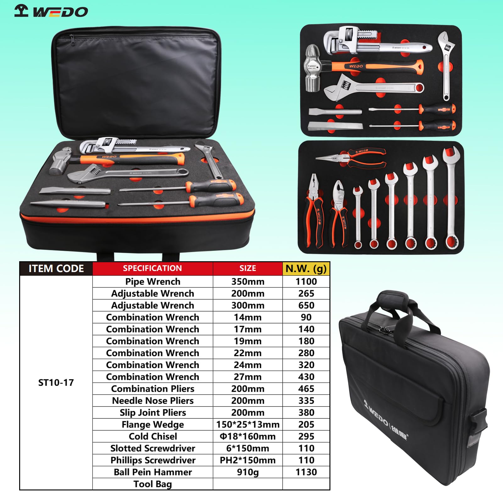 WEDO Set di utensili da 17 pezzi, in acciaio inossidabile, 6 chiavi combinate, cuneo flangiato, cacciavite, martello a punta sferica, pinze combinate, pinze a becco scorrevole, pinze a becco ad ago,