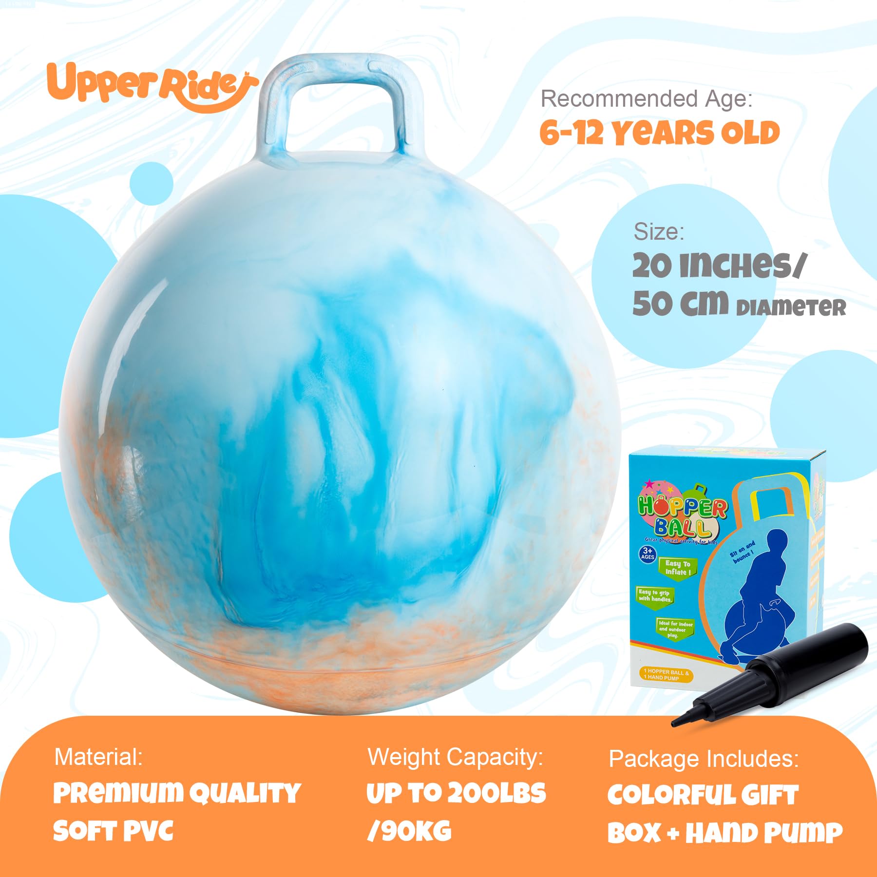 Upper Rider Clouds Hopper Ball for Kids,20 Inch Bouncy Ball with Handle,Inflatable Hopping Toys for Boys Girls Aged 6-12, Indoor Outdoor Jumping Toys Gift with Pump