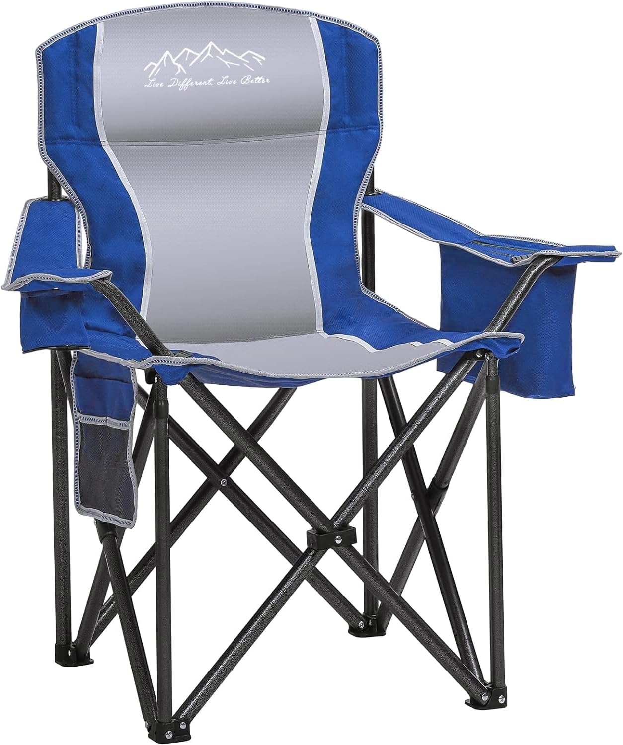 Heavy-Duty Folding Camping Chair with Cooler, Side Pocket & Cup Holder – Supports 450lbs, Blue