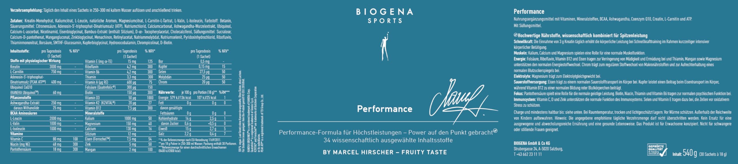 BIOGENA SPORTS – Performance Nahrungsergänzungsmittel – Komplex mit Kreatin, PEAK ATP®, Ashwagandha & L-Carnitin 30 Sachets – Sorgfältig abgestimmte Mikronährstoffe für sportlich aktive Athlet:innen
