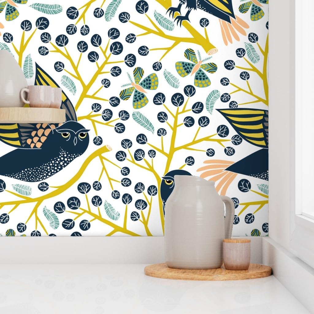 Peel & Stick Wallpaper 6ft x 2ft - Owl Leaf Modern Butterfly Endangered Species Animals Night Custom Removable Wallpaper by Spoonflower
