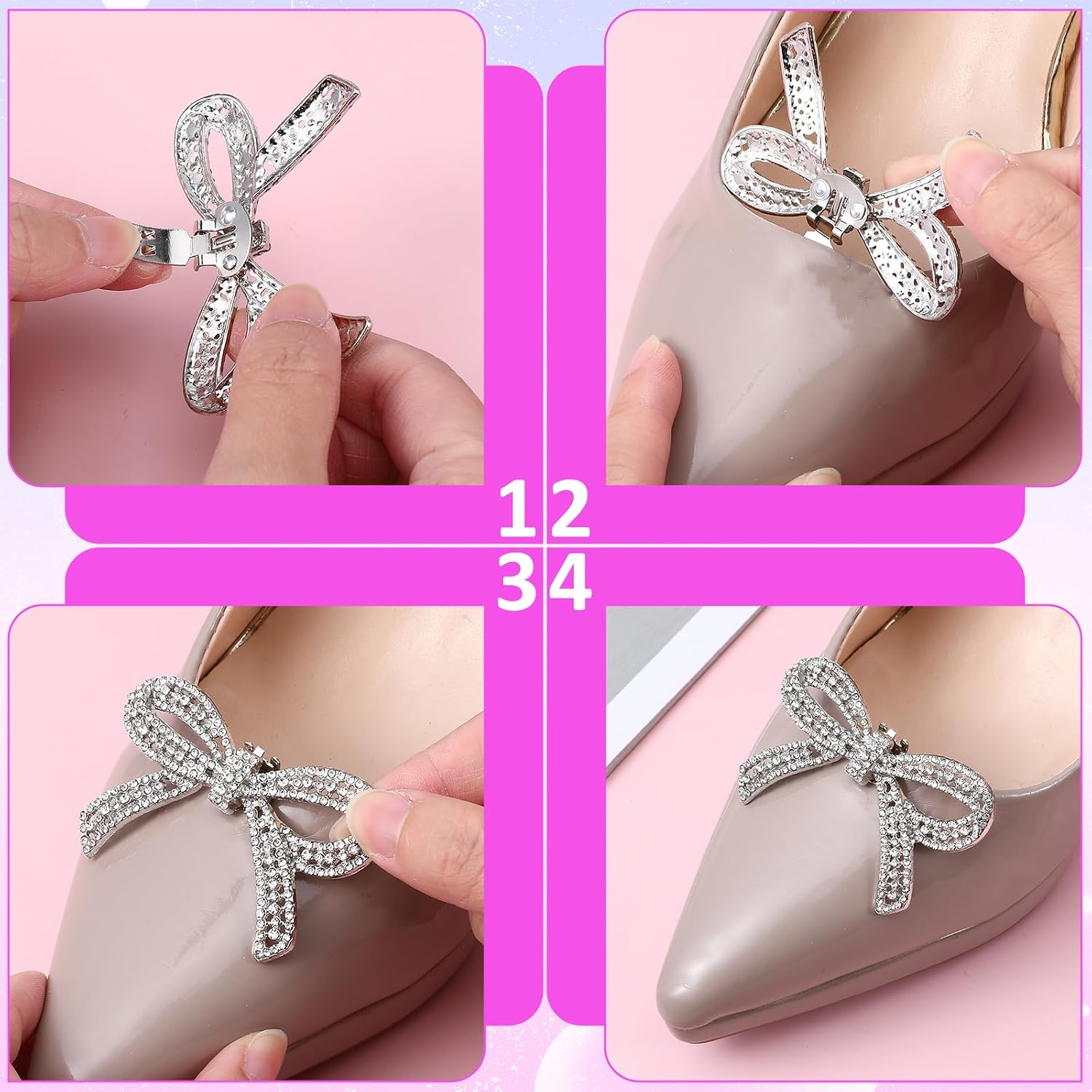 4 Pcs Rhinestone Shoe Clips Detachable Shoe Clips for Women Sliver Wedding Crystal Shoes Buckles Fashion Bridal Sparkling Decorative Bow Party High Heels Accessories