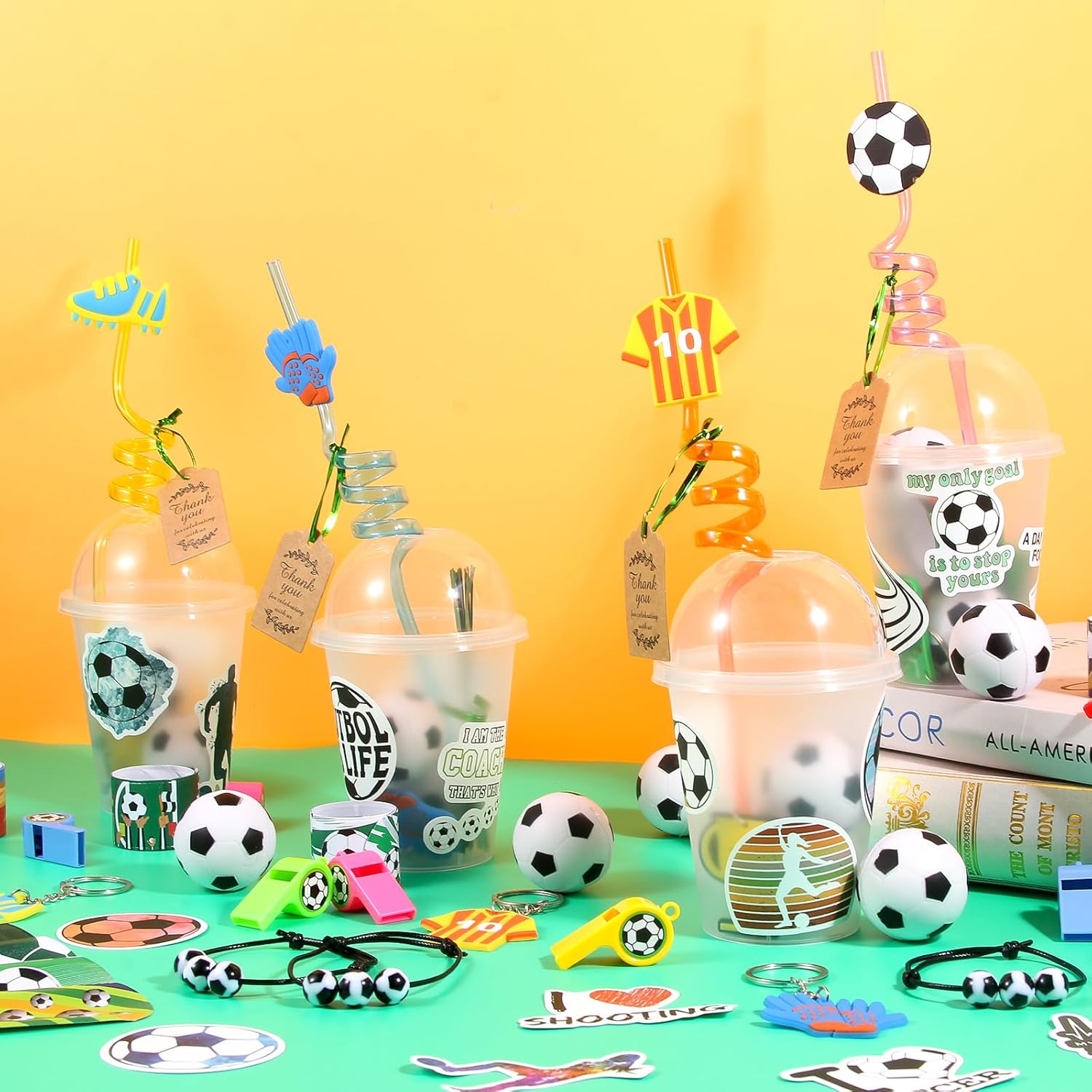 LiYiQ 158 Pcs Soccer Party Favors with Cup Straw Stress Ball Keychain Sticker Slaps Bracelets Whistle Thank You Tags for Soccer Birthday Decorations - Image 4