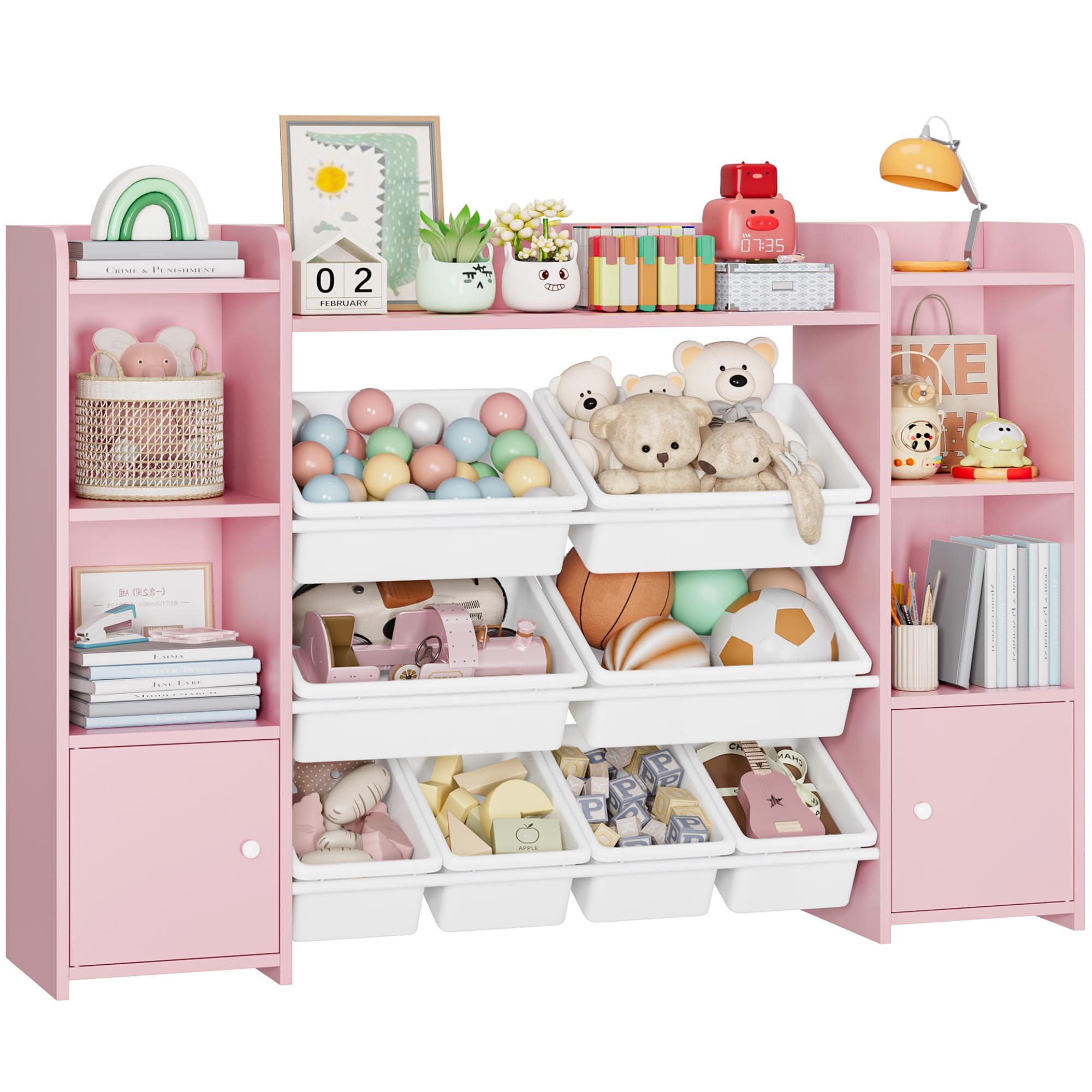 FOREHILL Kinderregal mit 8 Boxen Kinderschrank Holz Bücherregal für Kinder Aufbewahrungsbox Kinderzimmer Möbel mit Spielzeugkiste 138,8 x 94,3 x29,6 cm (rosa)