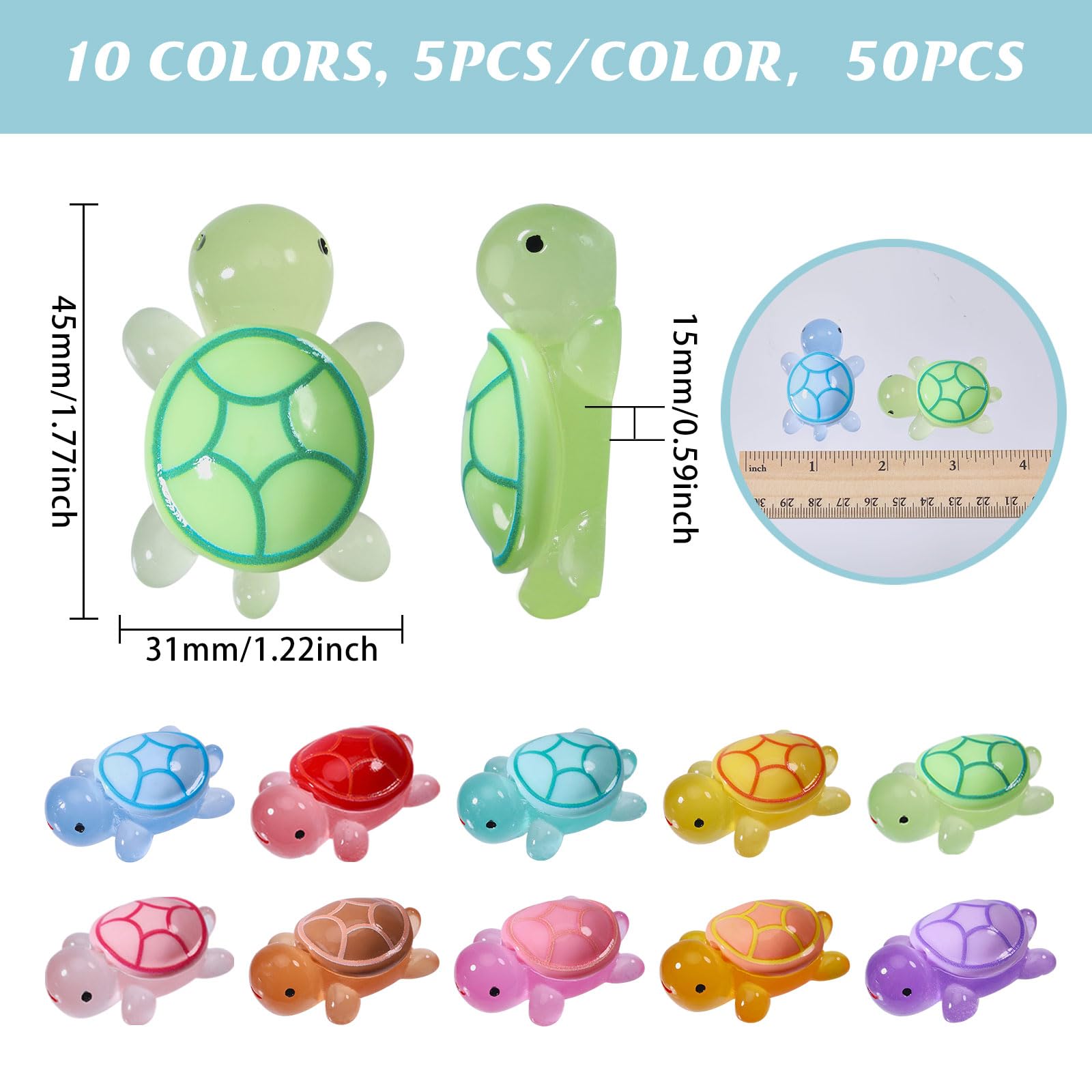 FREEBLOSS 50Pcs Luminous Mini Turtles Medium Glow in The Dark 3D Resin Turtles Resin Animals Figurine 5 Colors Turtle Decorations Plastic Animals Miniature Turtles to Hide - Image 2