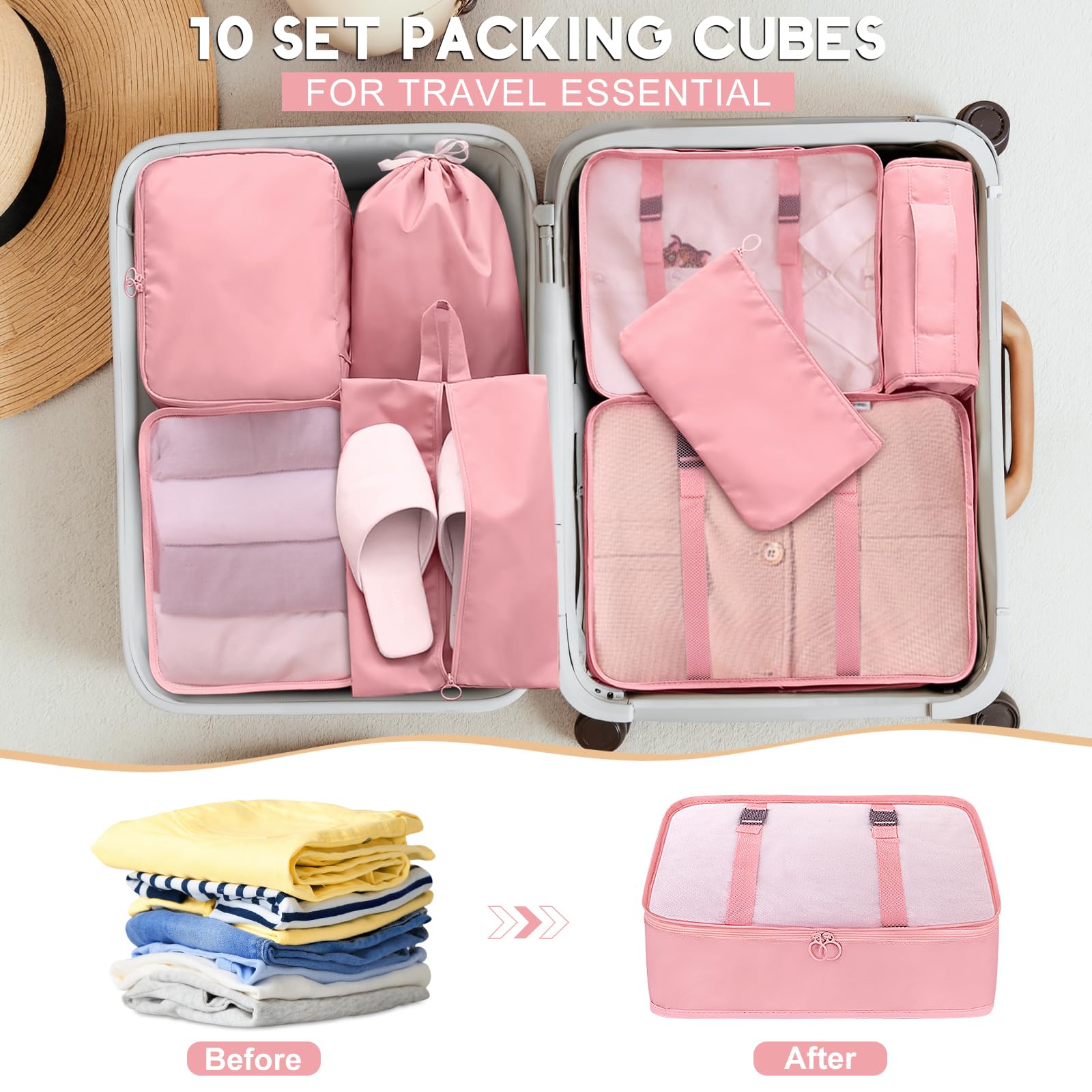 10 Set Packing Cubes for Travel, Travel Packing Cubes with Hanging Toiletry Bag and Shoe Bag, Luggage Organizer Bags for Suitcase Travel Essentials Women Men