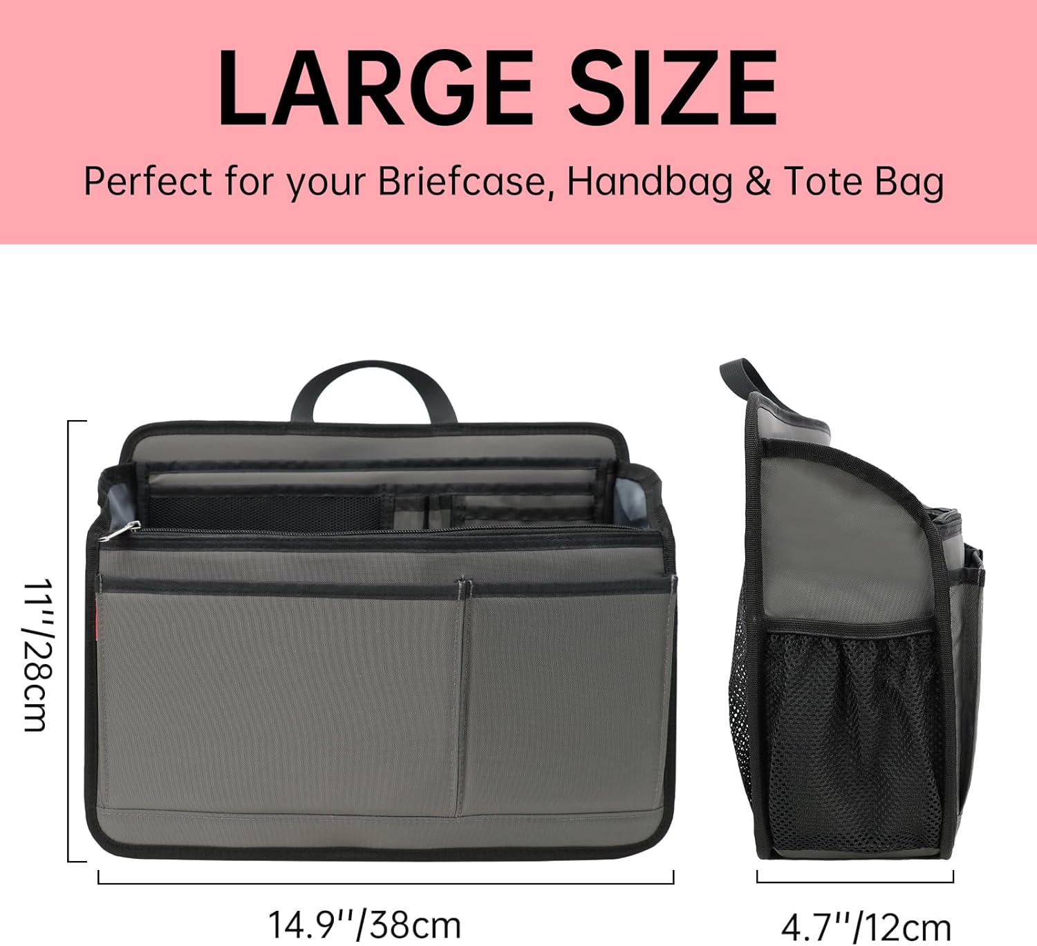Rugged Organizer Insert for Briefcase Tote Shoulder Messenger Bag - 20 Pockets,Durable Padded Nylon,Handle(Large,Gray)