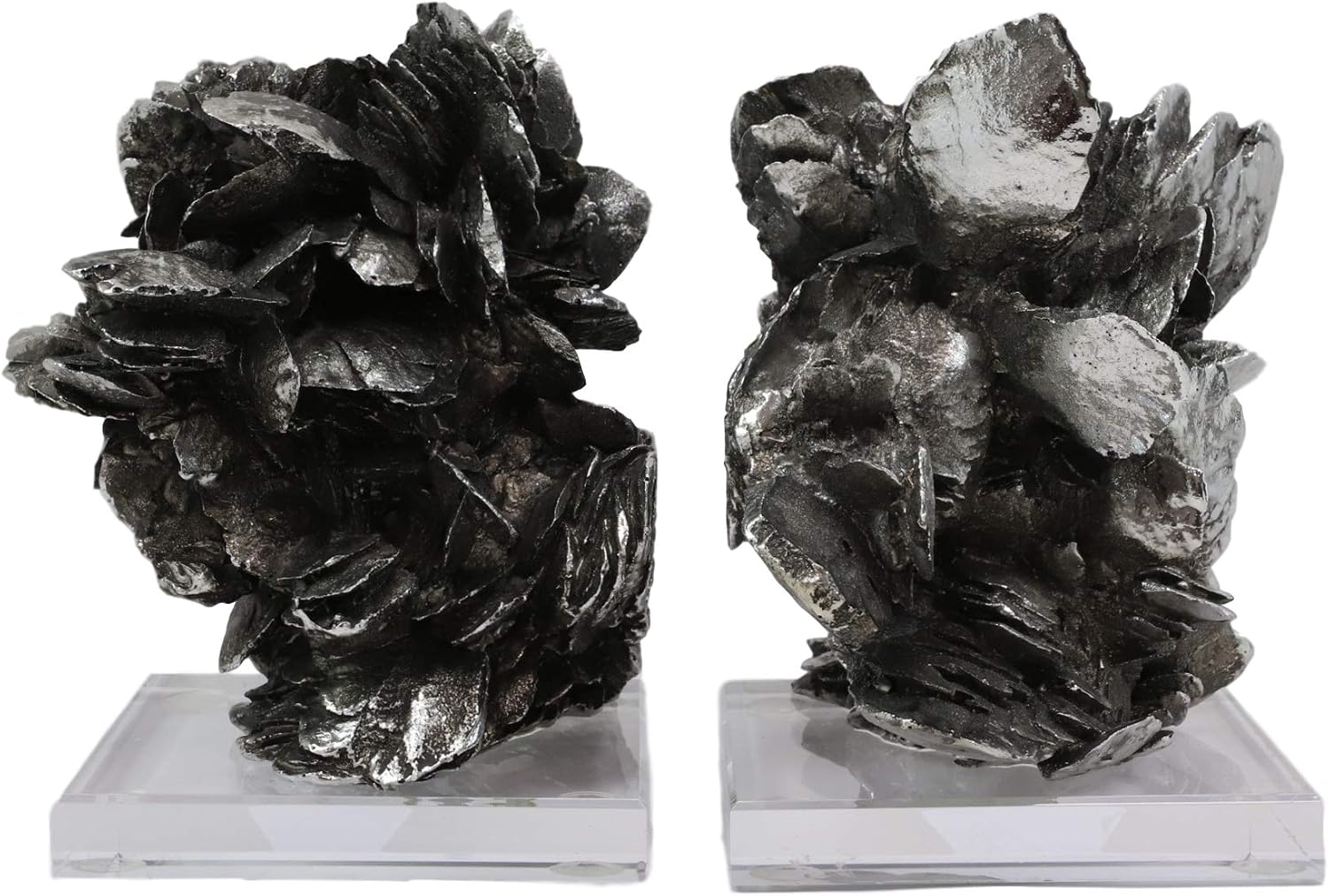 Ebros Large Electroplated Silver Resin Contemporary Desert Rose On Acrylic Glass Bookends Pair Set of 2 Museum Gallery Decorative Sculptures 7" High Faux Selenite Clusters Figurines