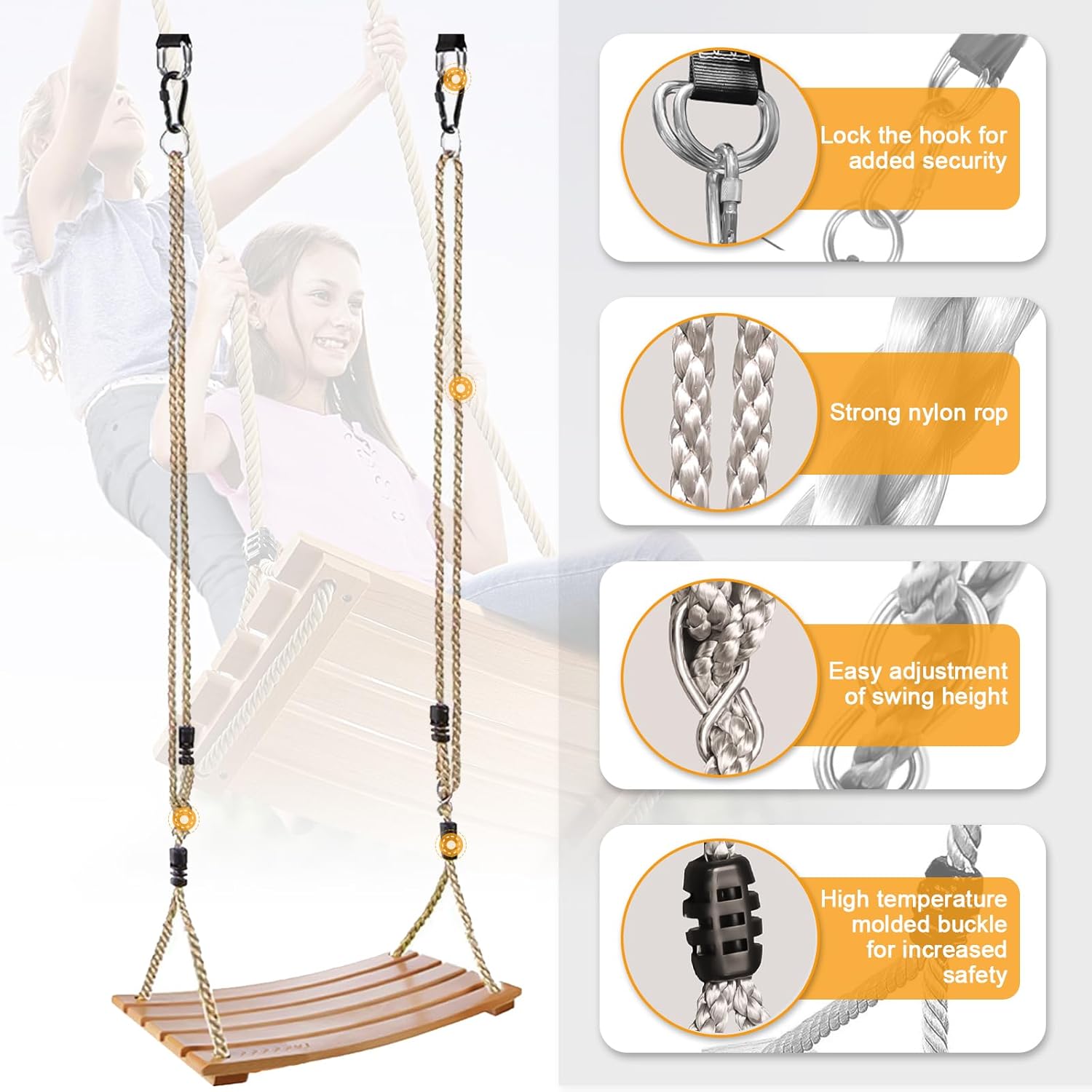 Columpio De Madera Para Jardín – Para Adultos Y Niños, Soporta 150 Kg, Cuerda Ajustable, Asiento 50x25 Cm