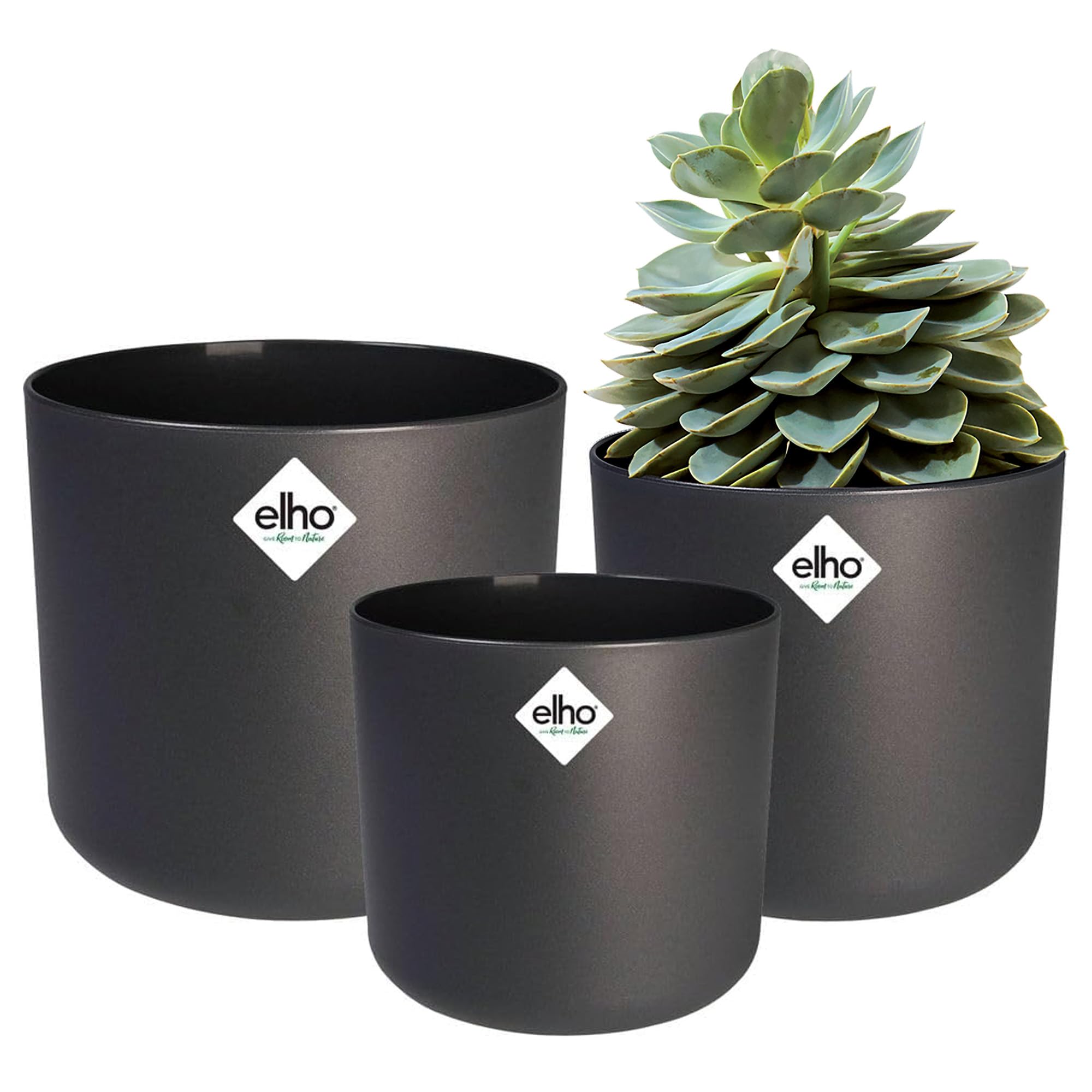 Elho Anthracite B.for Soft Round Plant Pots - Flower Pots Indoor - 100% Recycled Plastic - Set Of 3 - Ø 14, 16, 18 Cm - Black