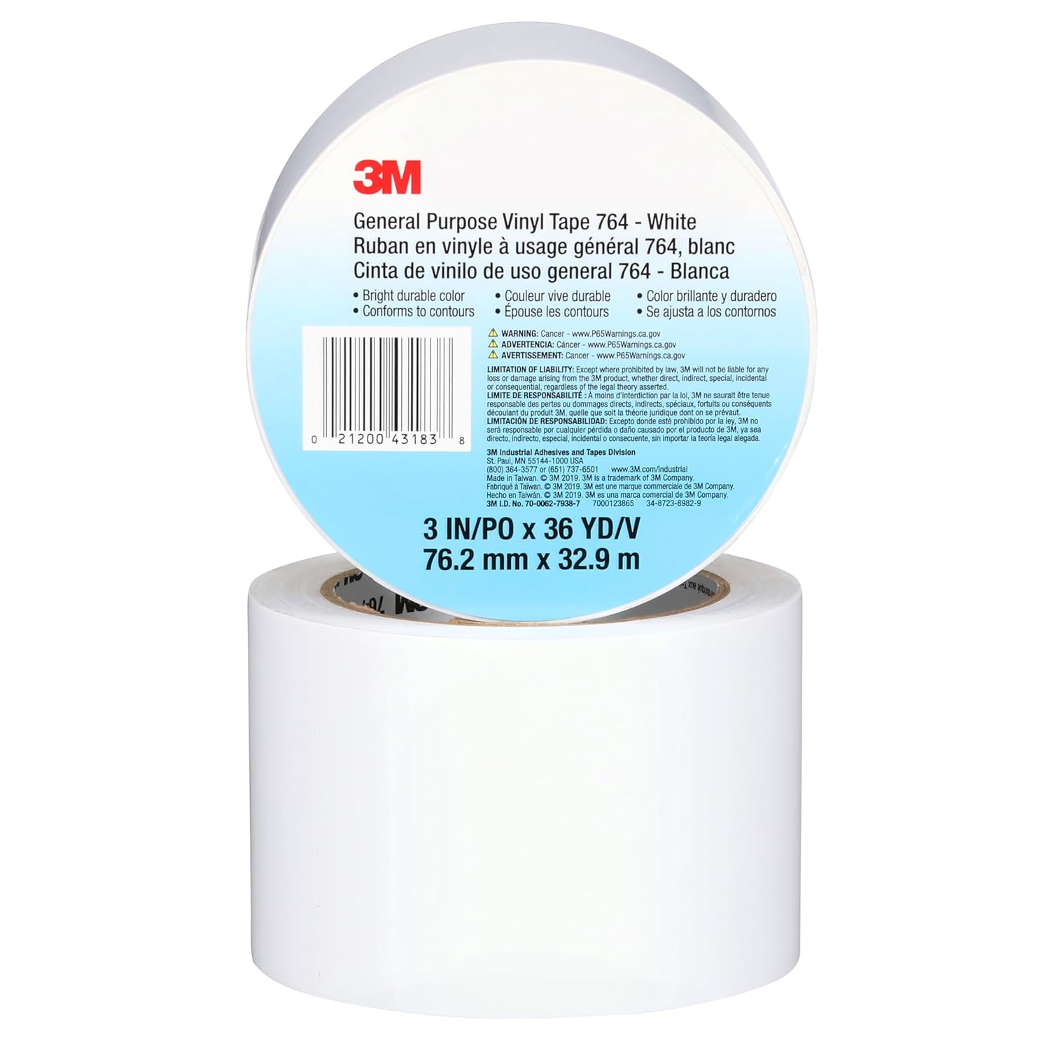 3M Vinyl Tape 764, General Purpose, 3 in x 36 yd, White, 1 Roll, Light Traffic Floor Marking Tape, Social Distancing, Color Coding, Safety, Bundling