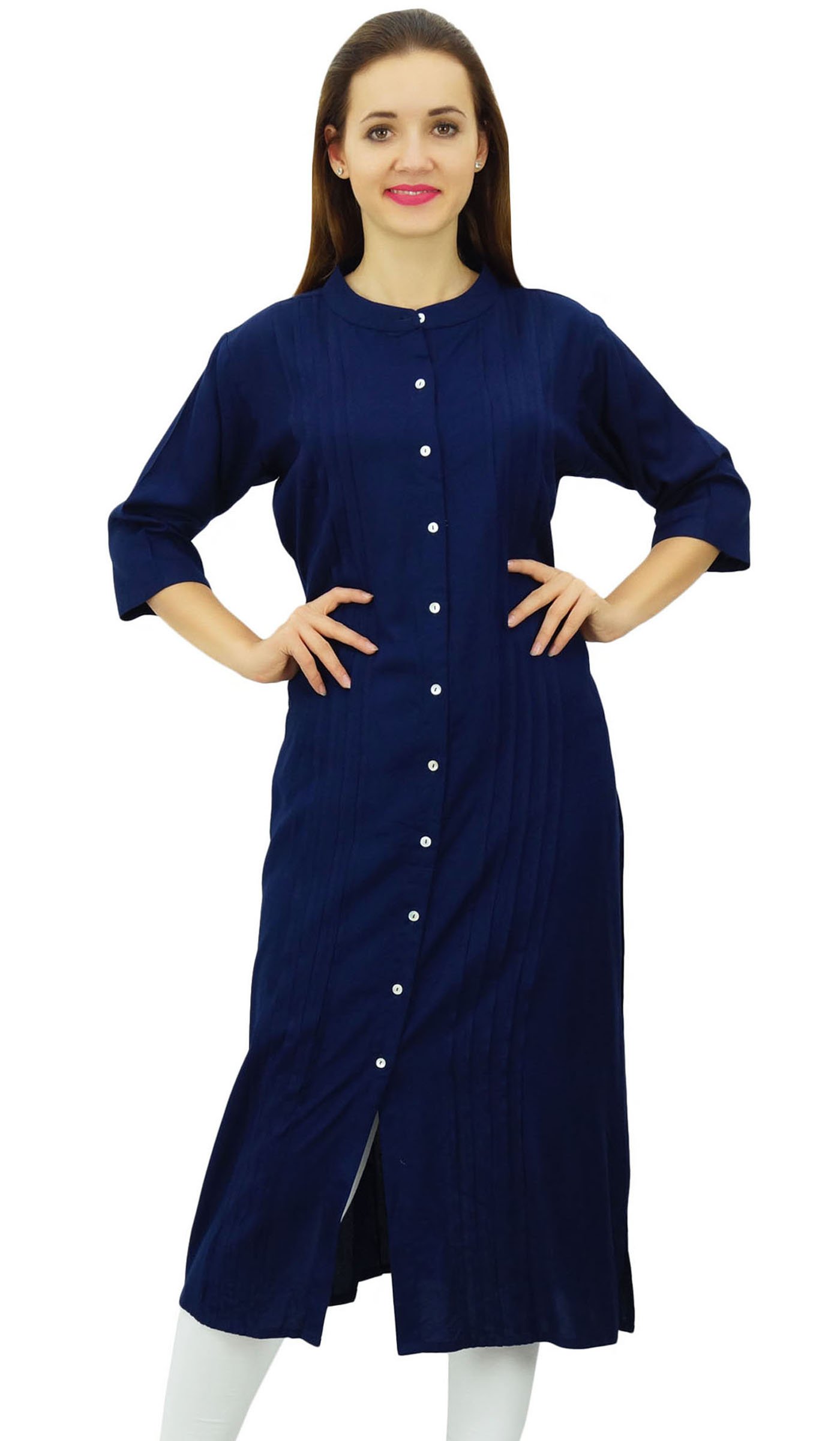 Bimba Women's Button Down Rayon Kurta Kurti Formal Straight Tunic Blouse 3/4 Sleeve, Navy Blue, 20