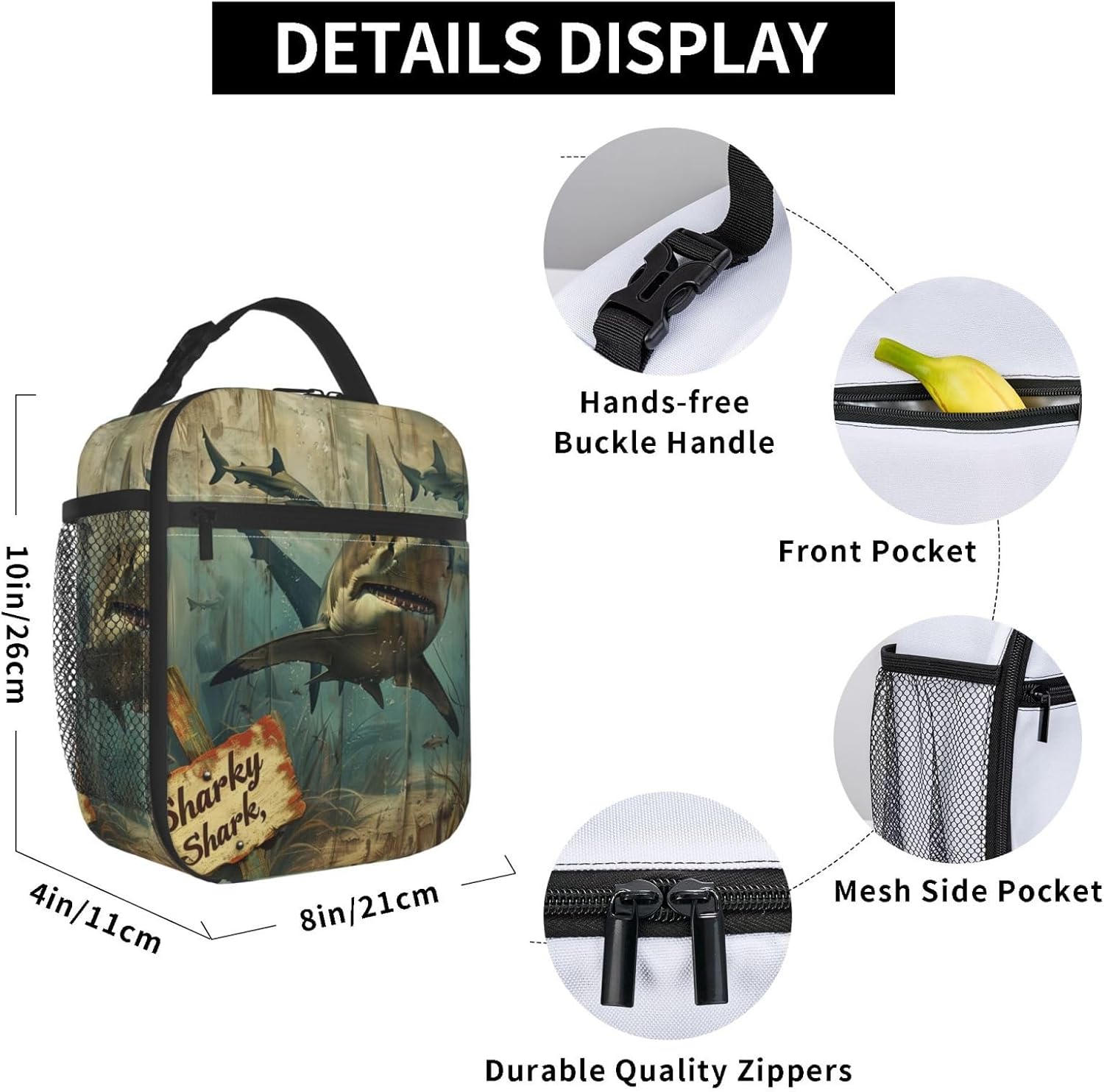 Vintage Shark Insulated Lunch Box for Women Men Retro Ocean Design Lunch Bag for Work,Picnic,Travel,Hiking,Beach or Fishing Polyester Nature Lovers Lunch Box - Image 6