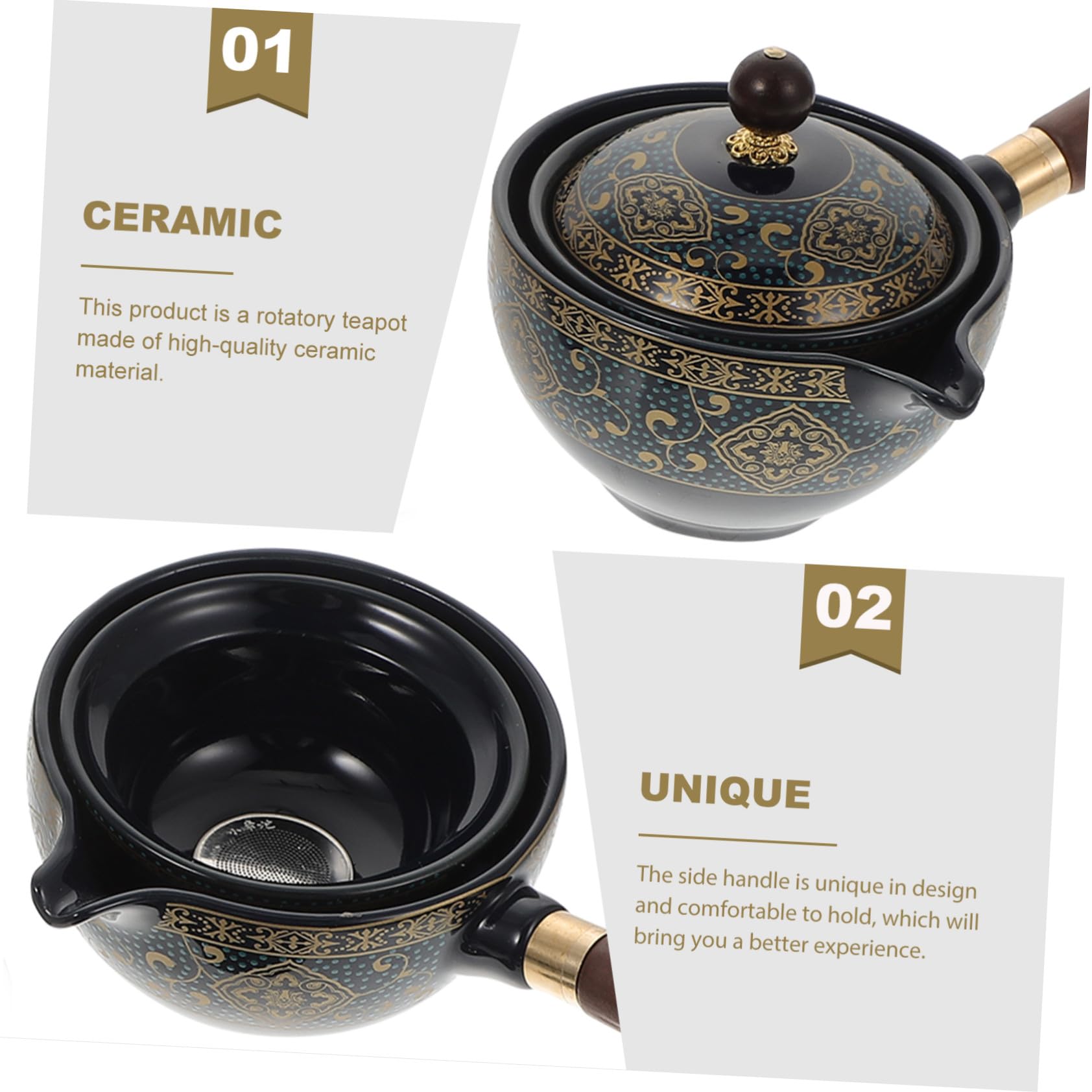 Tetera de Cerámica Negra Asa Lateral, Juego Portátil de 1 Pieza | Capacidad Media, Resistencia al Calor, Durabilidad, para Preparar Té en Casa, Infusiones Diarias