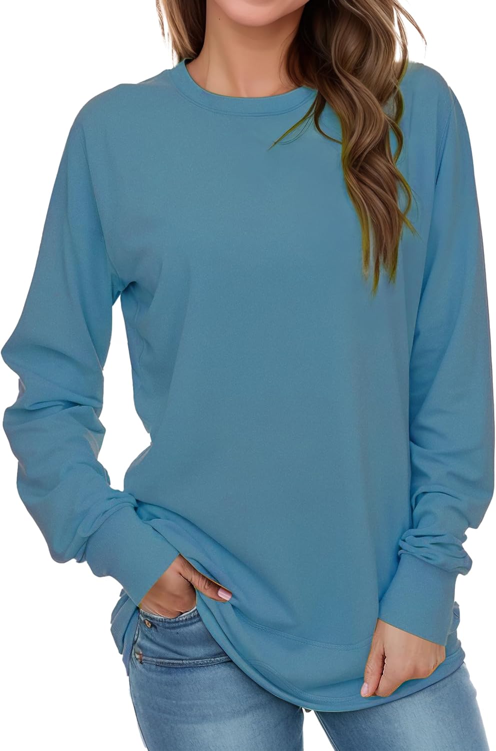 AURUZA Sweatshirt for Women Long Sleeve Crewneck Sweatshirt Women Causal Loose Fit Pullover Tunic Top Fall Clothes Shirts,2XL, Light Blue