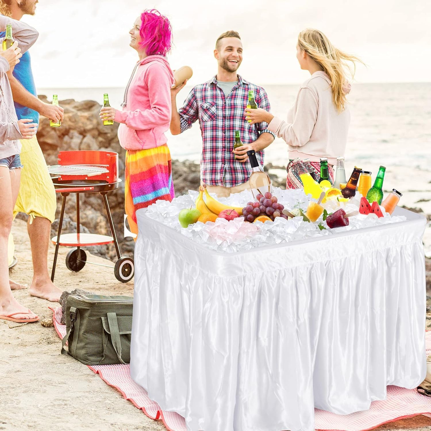 4 Foot Ice Tables for Parties with Drain, Ice Cooler Folding Table with Removable Matching Skirt, Party Ice Bin Table, Cooler Table Outdoor, Folding Picnic Table for BBQ, Camping, White