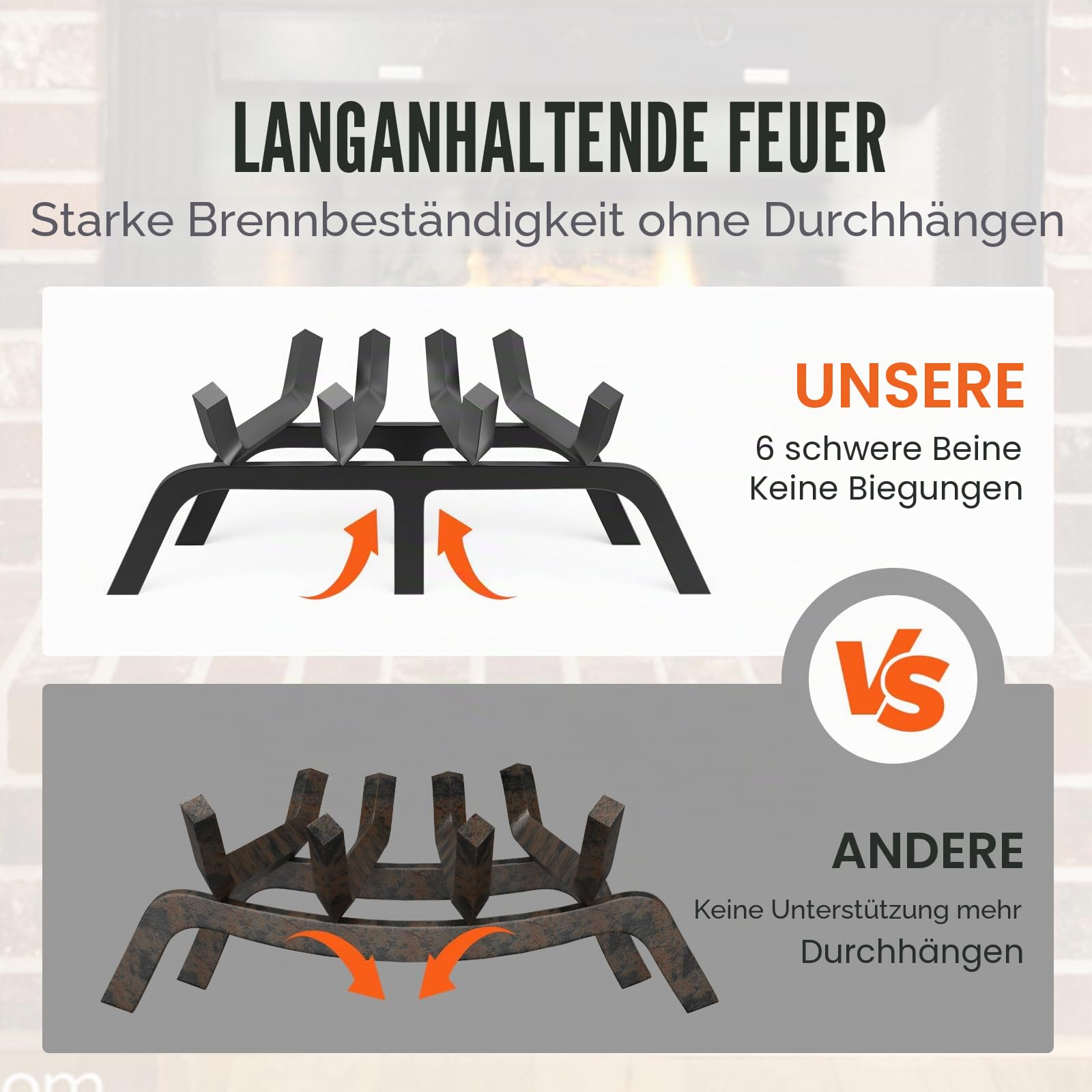VEVOR Kaminrost, 46x18x10cm Feuerbock für Kamin mit 6 Stützbeinen, 19 mm pulverbeschichtete Stahlstangen, Feuerrost, Kaminholzrost, Ofenrost, Brennholzhalter für Innen- & Außenkamine