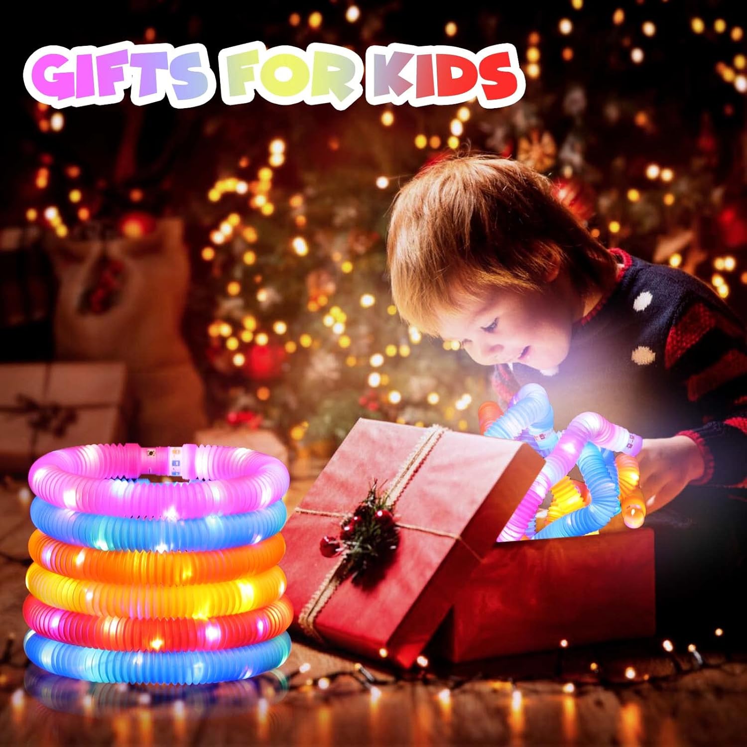 Light Up Glow Sticks Party Favors for Kids, Pop Fidget Tubes Sensory Toys for Toddlers Boys Birthday Gift for Girls Goodie Bag Stuffers Halloween Christmas Party Supplies Stocking Stuffers 6pcs
