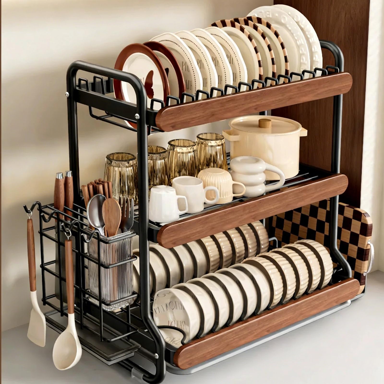 Escurridor de platos con parte superior de madera, organizador de encimera de cocina de acero inoxidable, escurridor de gran capacidad con soporte desmontable para cubiertos