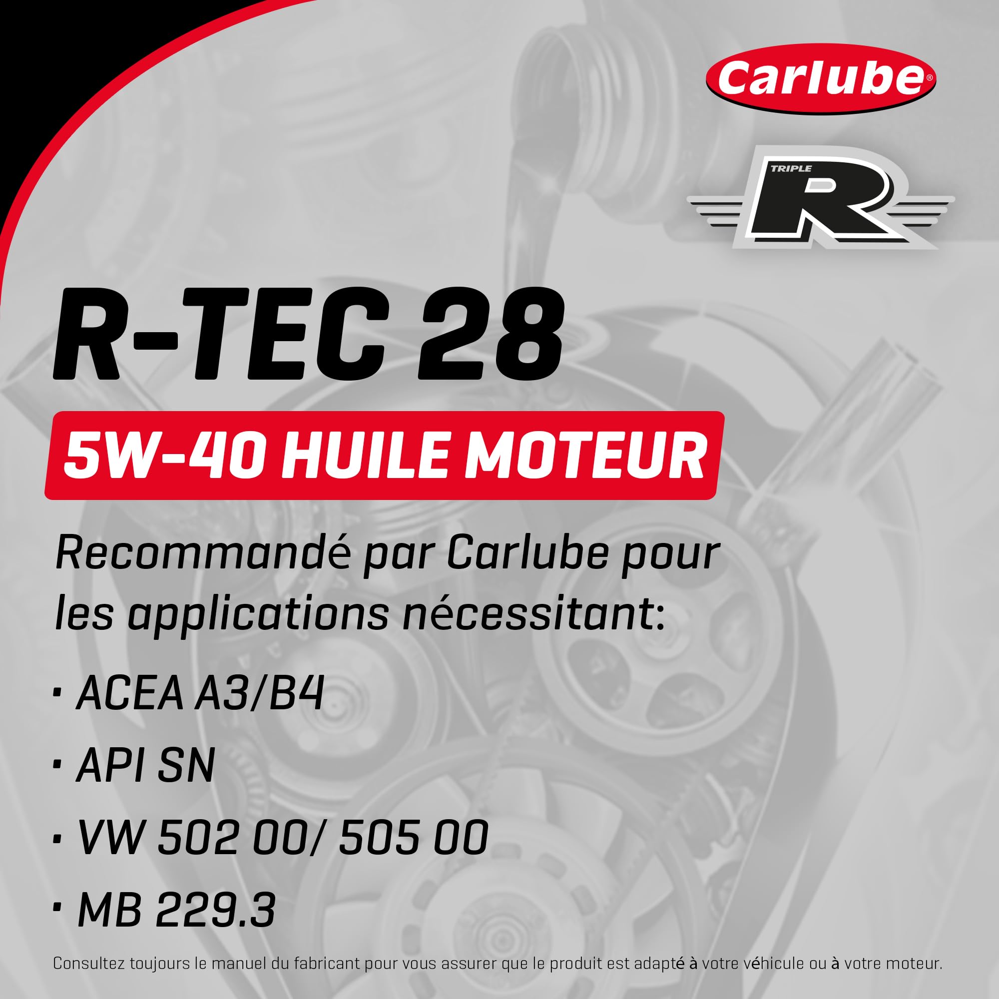 CarLube Triple R 5W-40 huile 100% synthétique R-TEC 28 5L pour Volkswagen, ACEA A3/B3, A3,B4, API SN